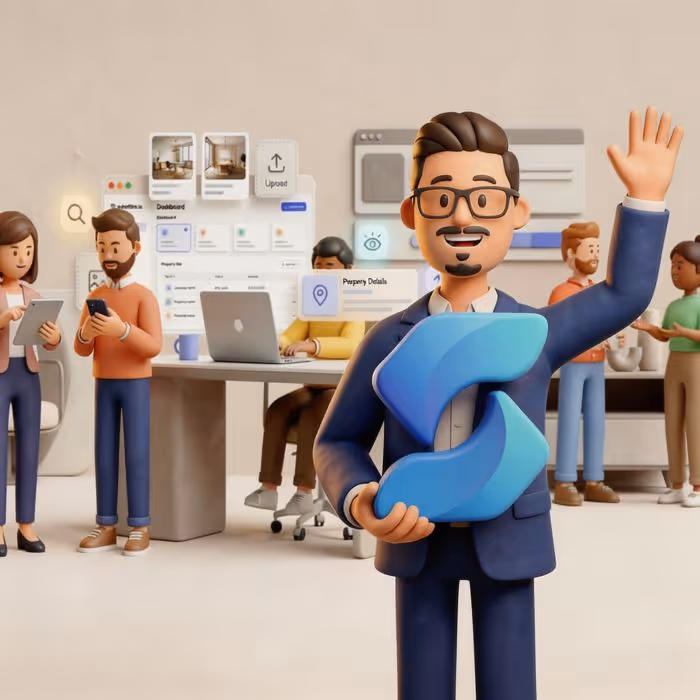 Geschäftsmann mit Brille und Anzug hält ein großes blaues Symbol und winkt, während im Hintergrund mehrere Personen in einem modernen Büro mit Laptops und digitalen Dashboards arbeiten.