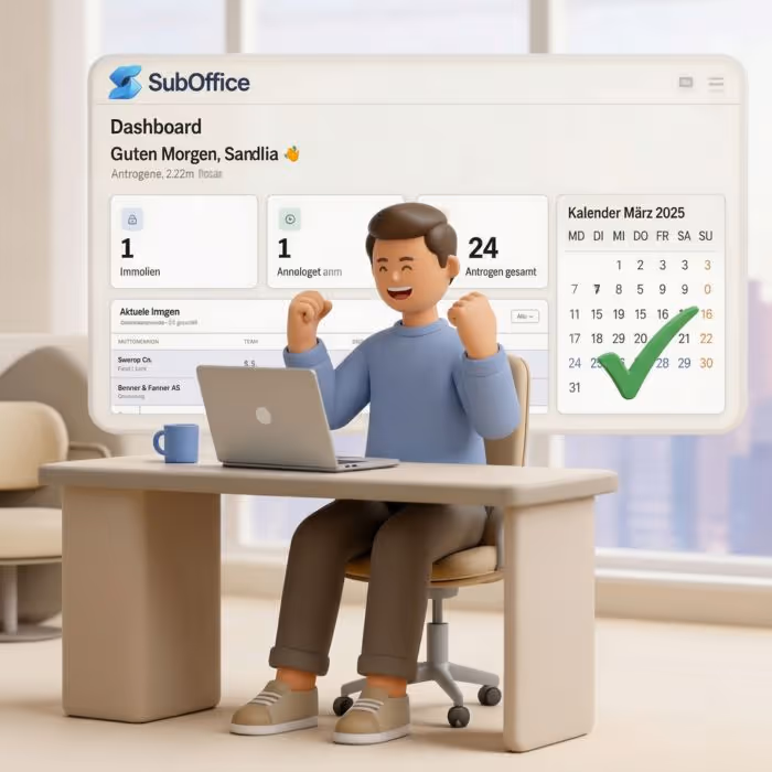 Illustration einer Person, die glücklich vor einem Laptop an einem Schreibtisch sitzt, mit einem Dashboard im Hintergrund, das eine Kalenderansicht für März 2025 zeigt.