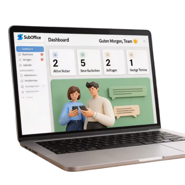 Laptop mit geöffneter SubOffice-Dashboard-Webseite, die Nutzerstatistiken und Chat-Symbole zeigt.