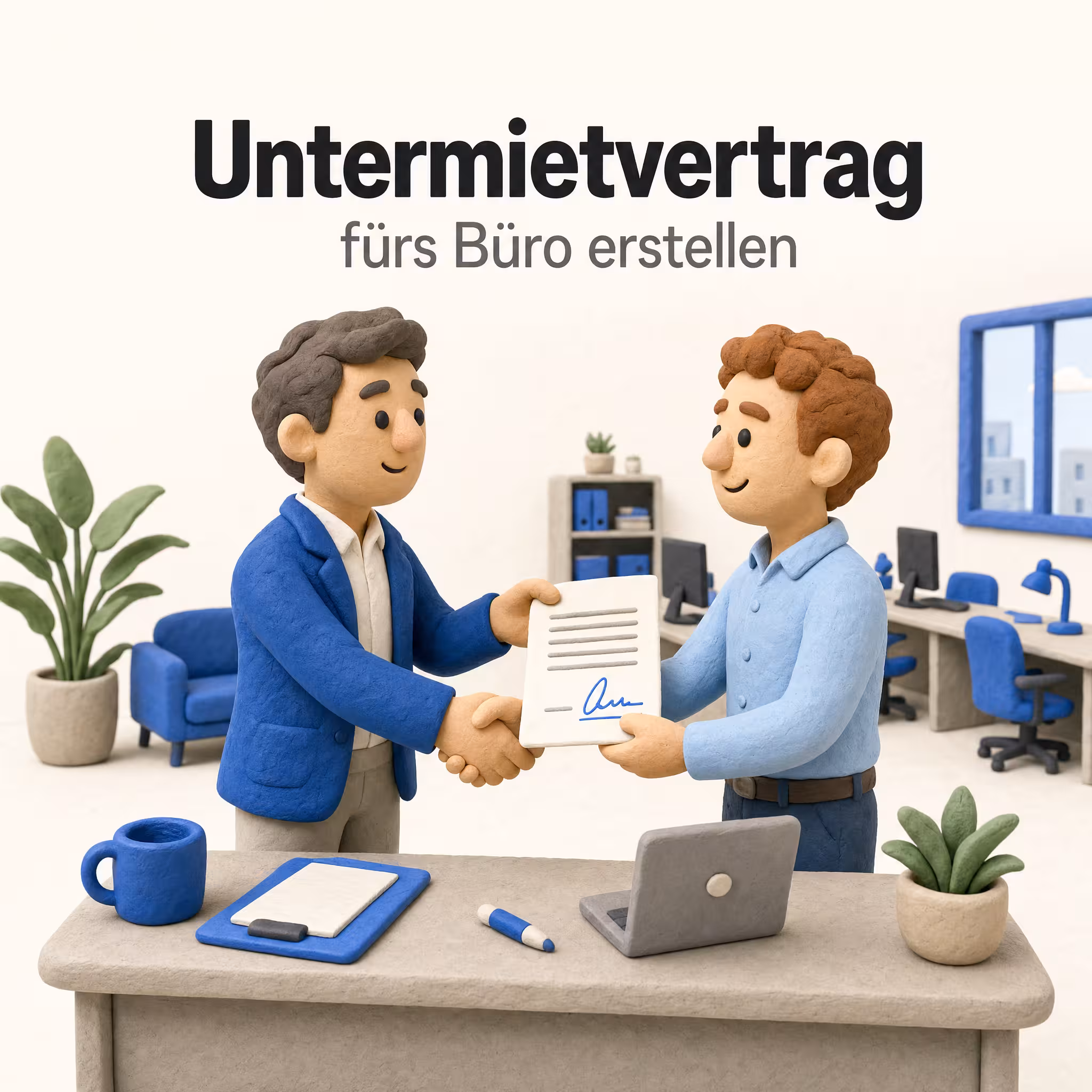 Vertragsabschluss zur Büro-Untervermietung: Zwei Clay-Figuren mit Untermietvertrag am Schreibtisch