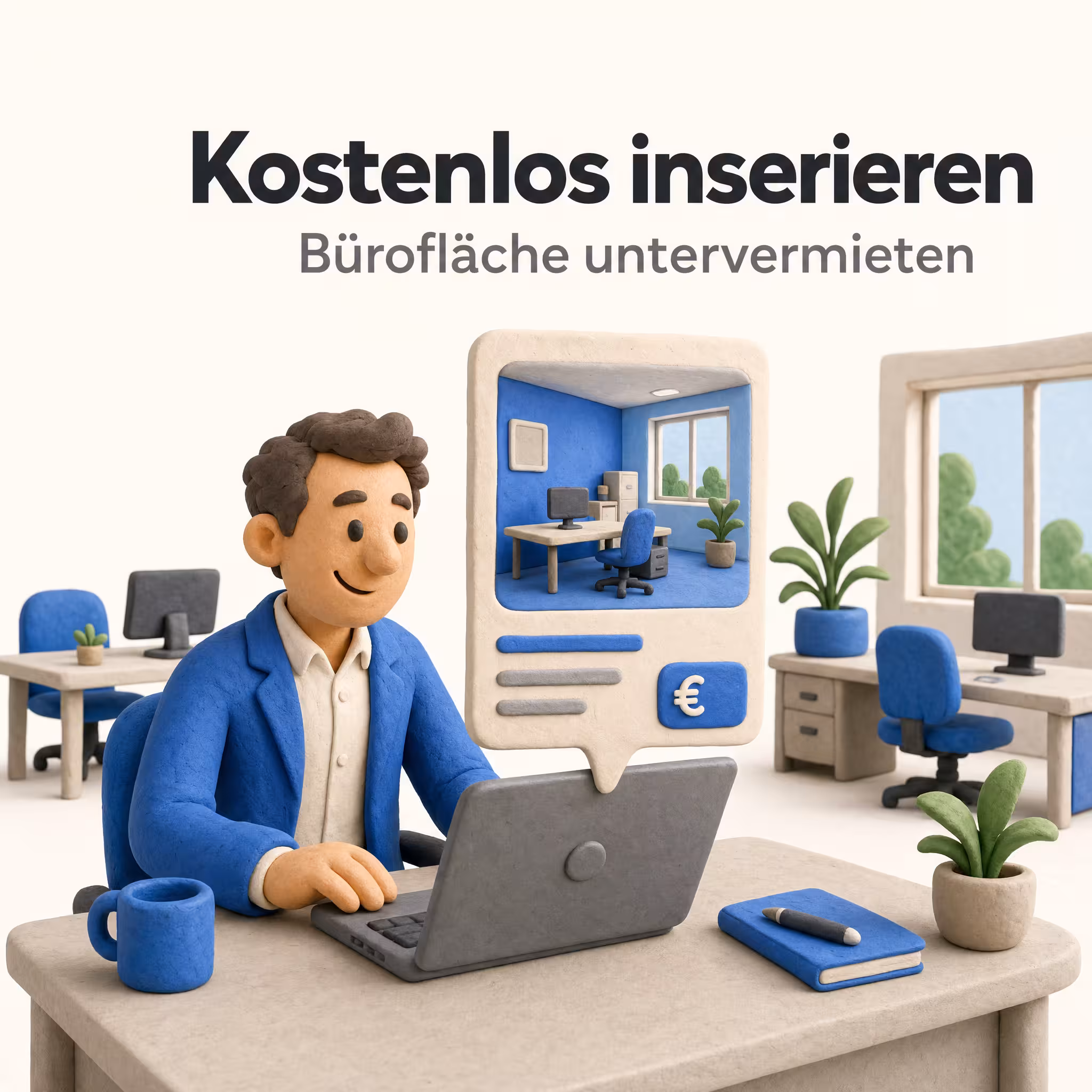 Büro-Inserat erstellen: Clay-Figur am Schreibtisch mit schwebender Inserat-Karte