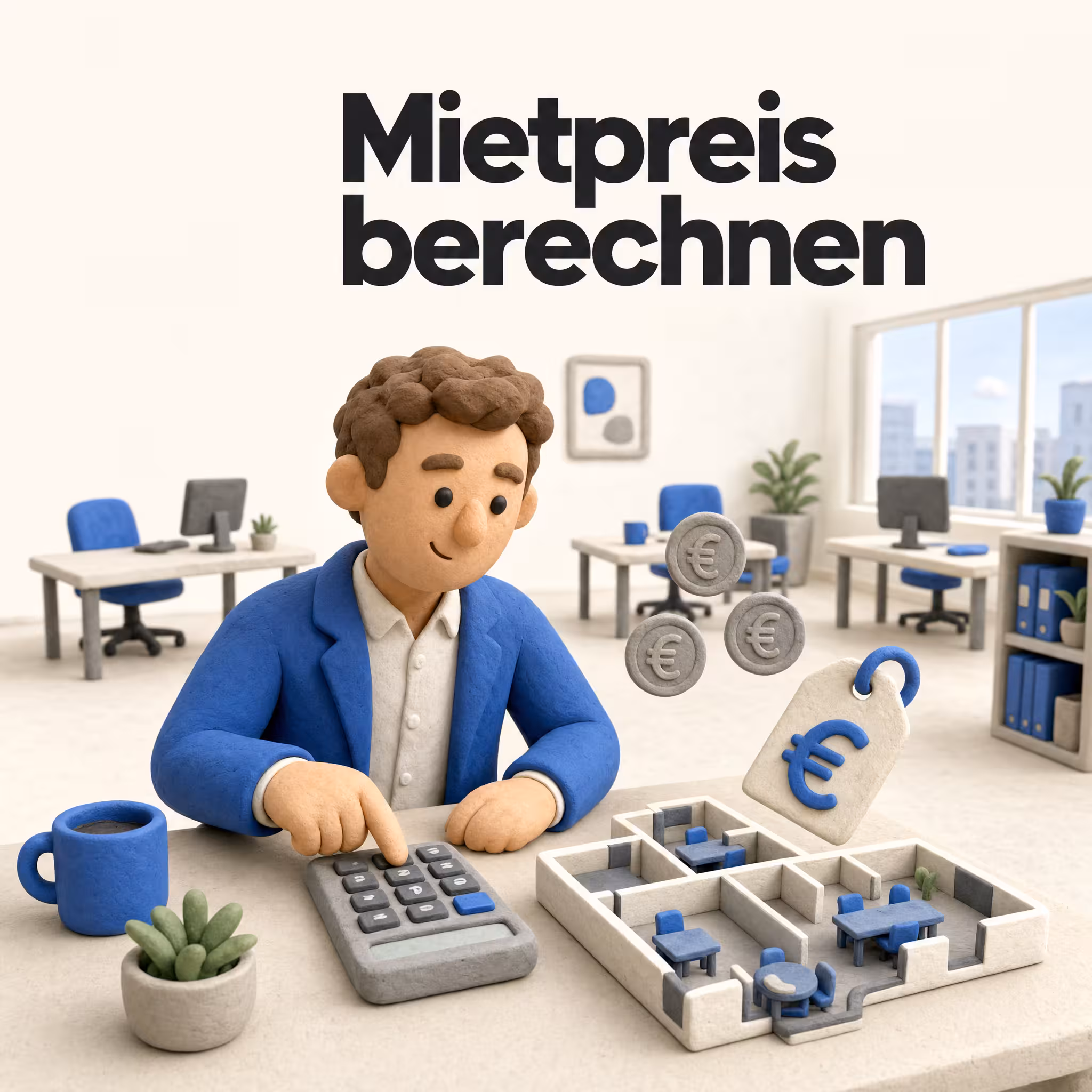 Büro-Untermiete kalkulieren: Clay-Figur am Schreibtisch mit Taschenrechner und Euro-Symbol