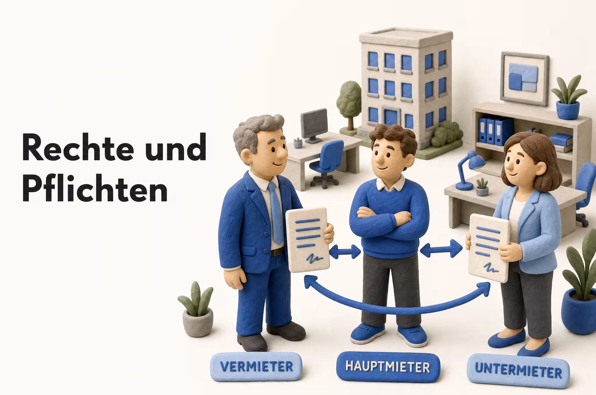 Drei-Parteien-Verhältnis bei der Untervermietung: Vermieter, Hauptmieter und Untermieter als Clay-Szene, Claymation