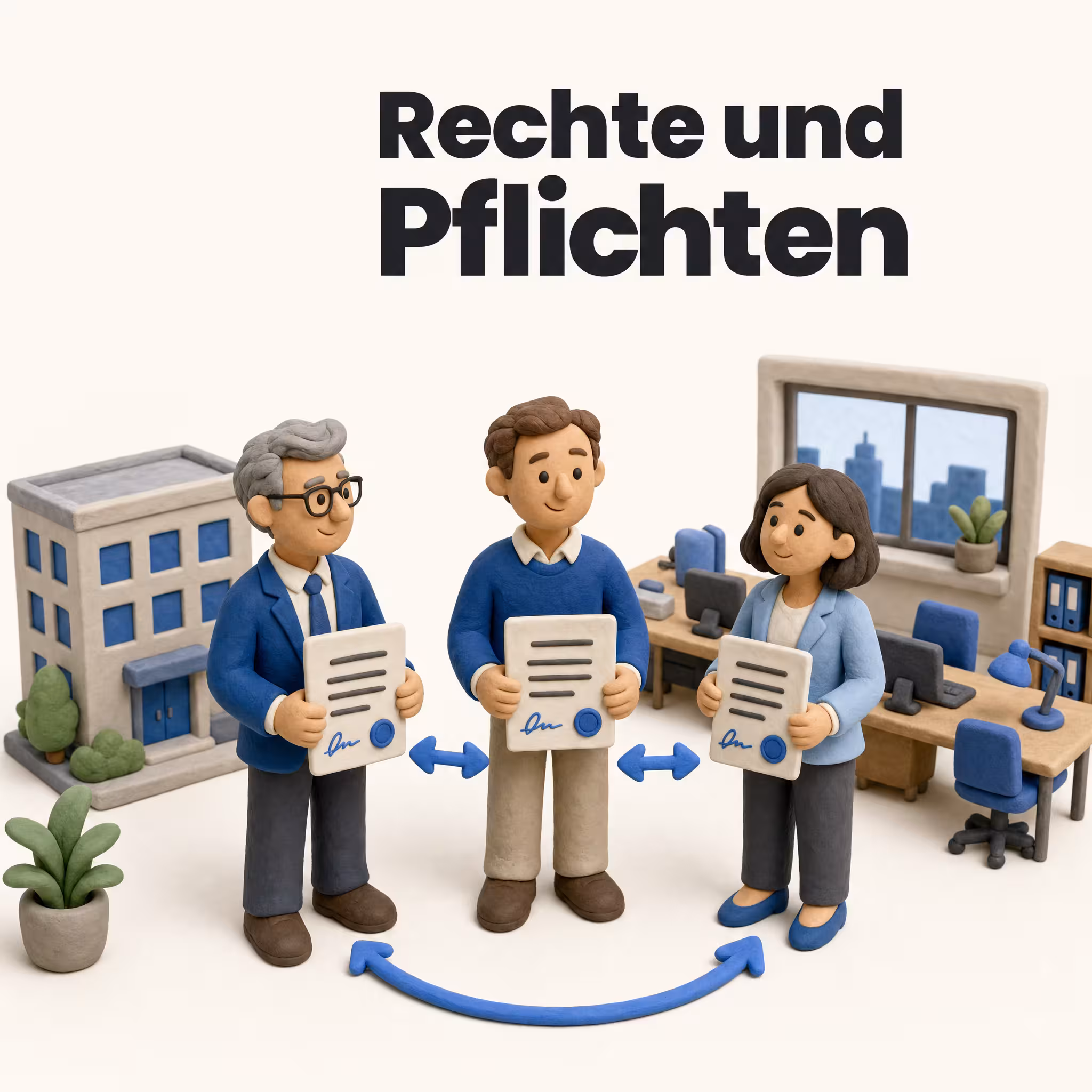 Untervermietung als Drei-Parteien-Vertrag: drei Clay-Figuren mit Verträgen im Büro