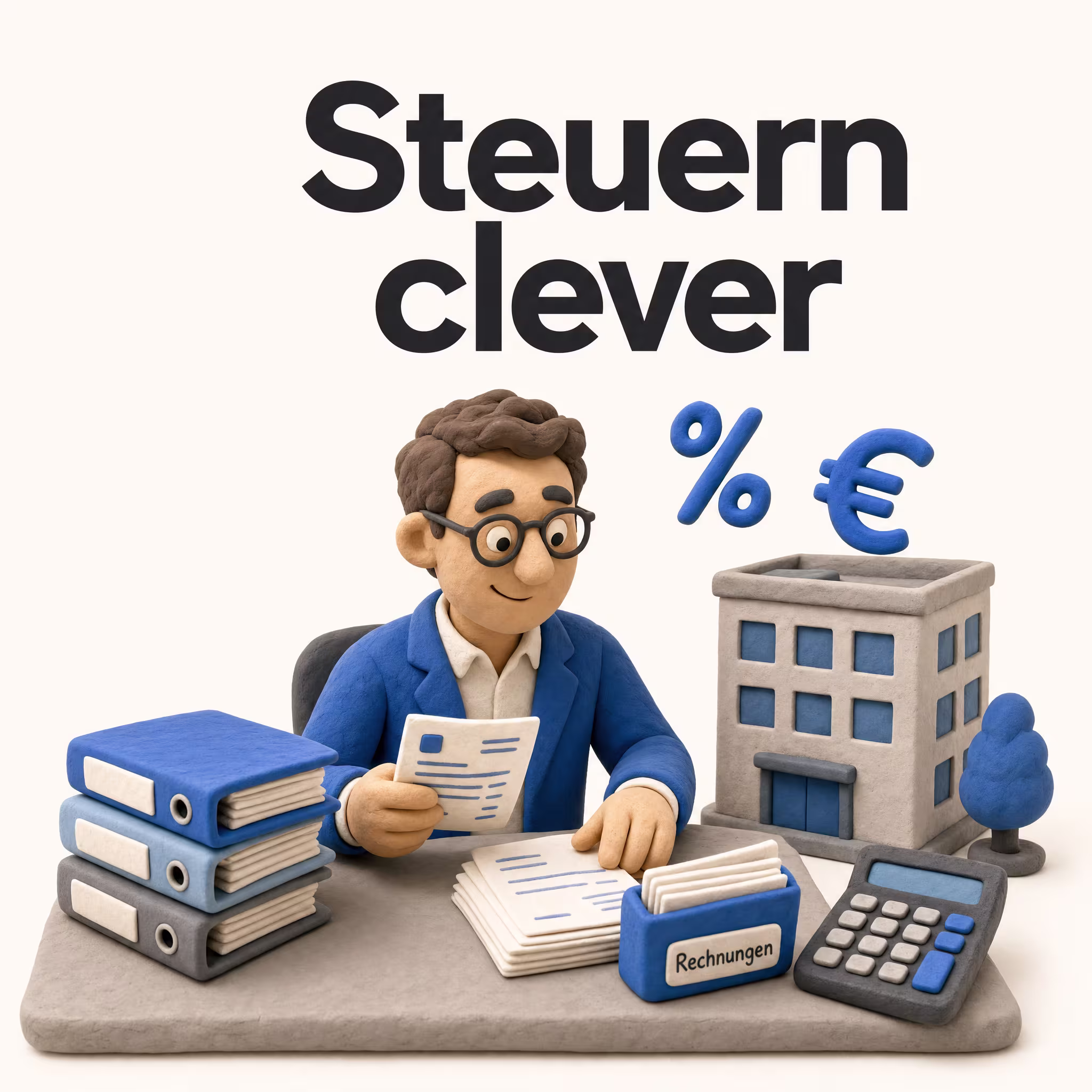 Steuern bei der Büro-Untervermietung: Clay-Figur sortiert Belege am Schreibtisch