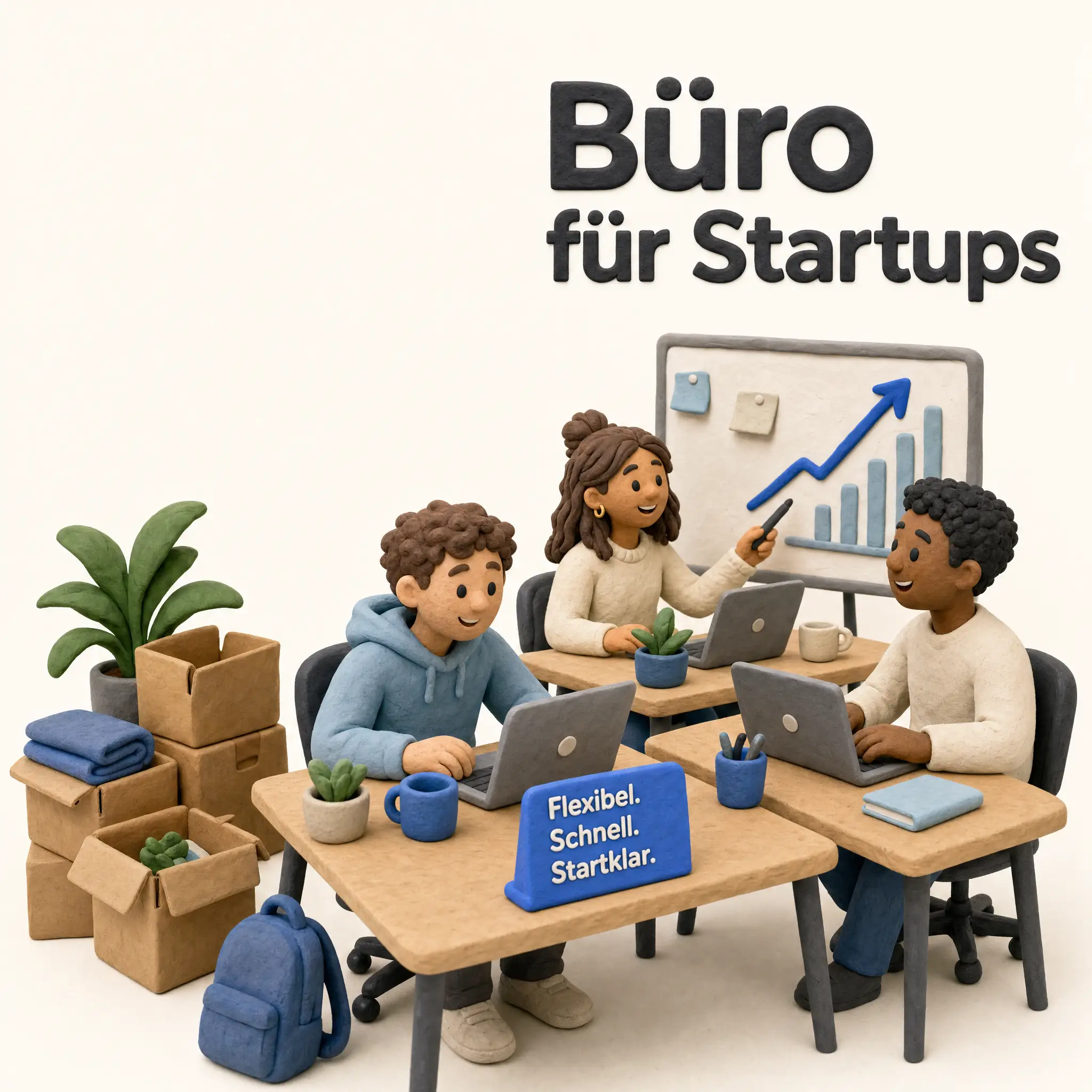 Gründerteam in flexibler Büro-Untermiete, 3D-Clay-Diorama mit Laptops, Umzugskartons und Wachstumskurve, Schriftzug Büro für Startups