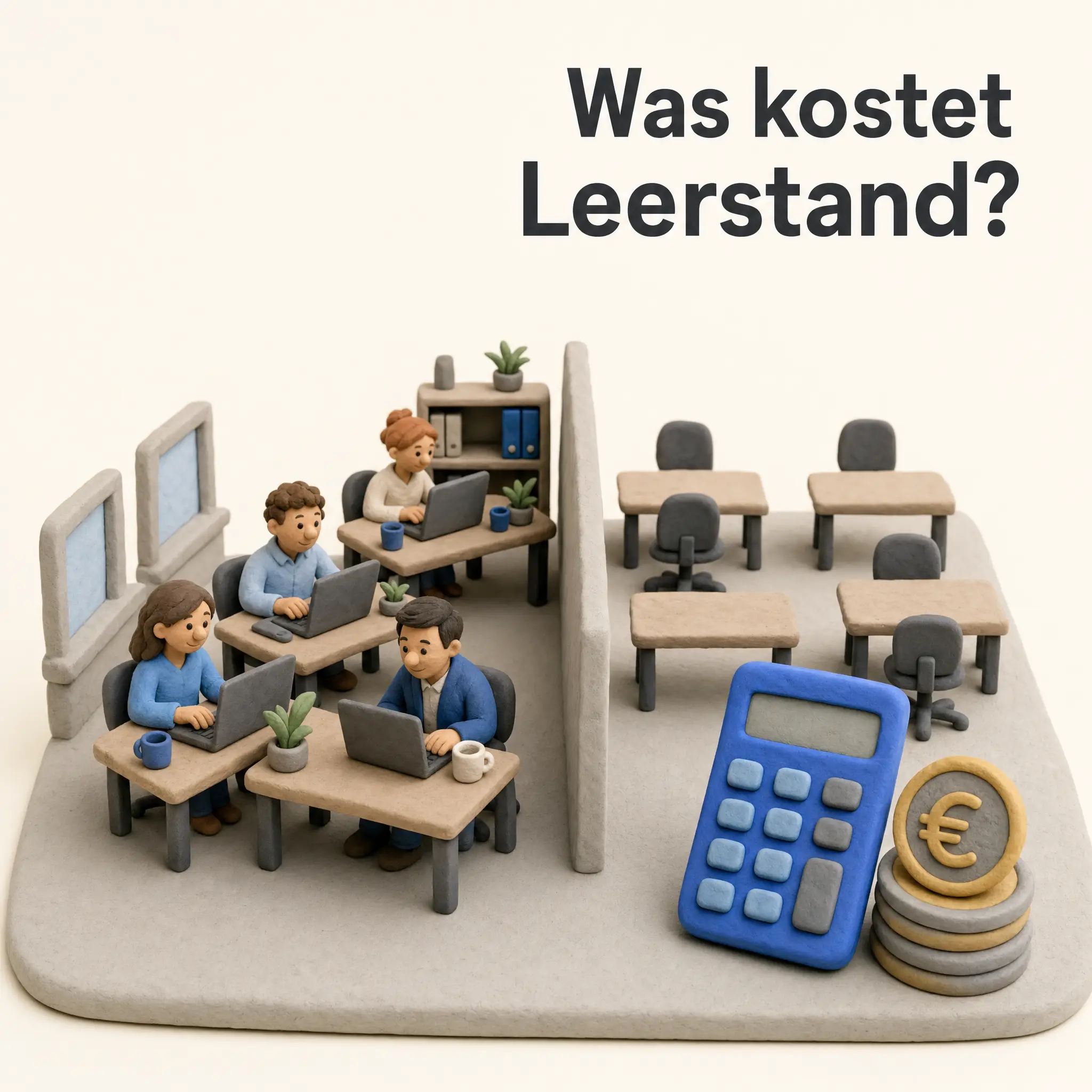 Kosten ungenutzter Bürofläche als 3D-Clay-Diorama: halb belegtes Büro, leere Schreibtische, blauer Taschenrechner und Euro-Münzen