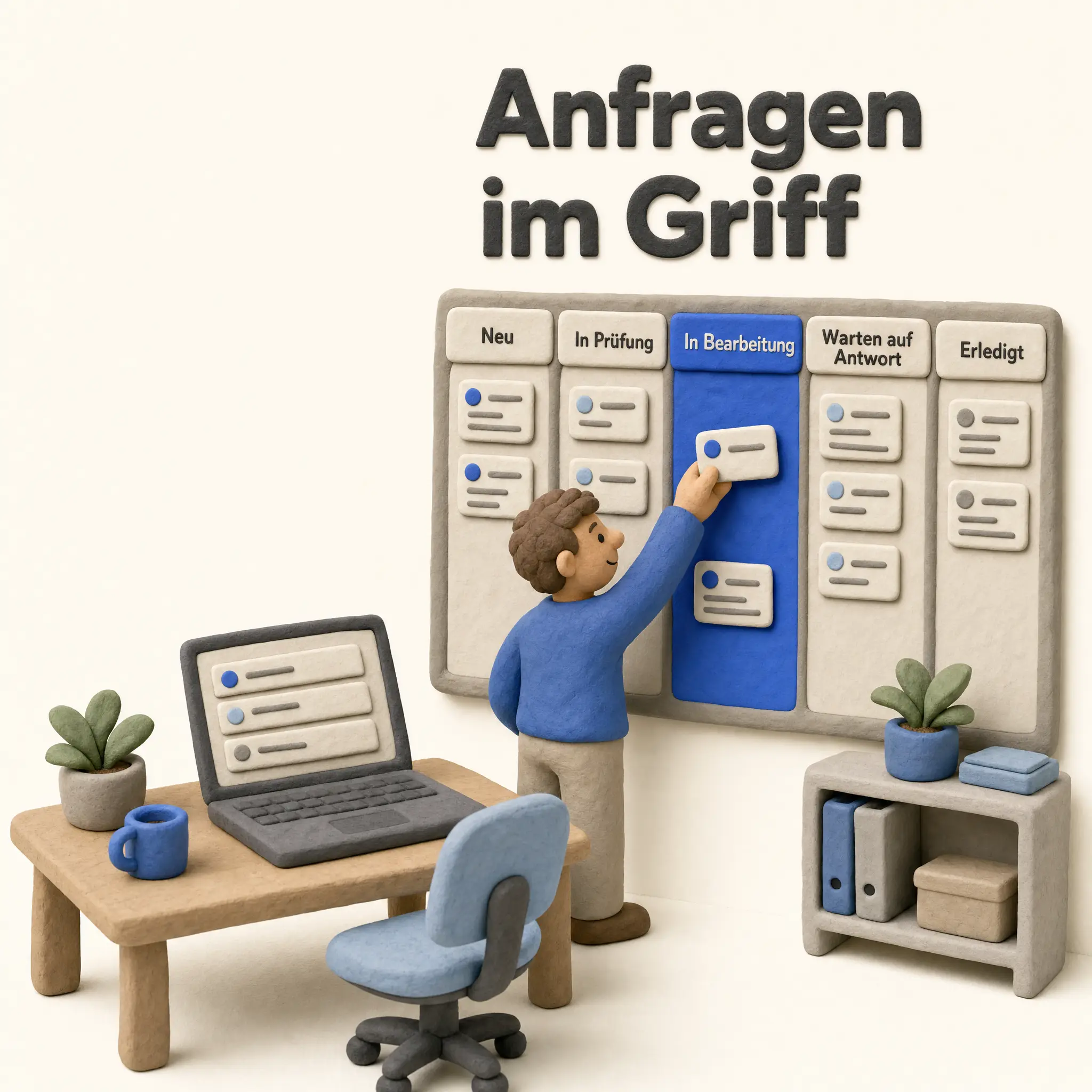 Anfragen für Bürovermietung im Griff, 3D-Clay-Diorama: Person am Status-Board mit Anfrage-Karten und Laptop
