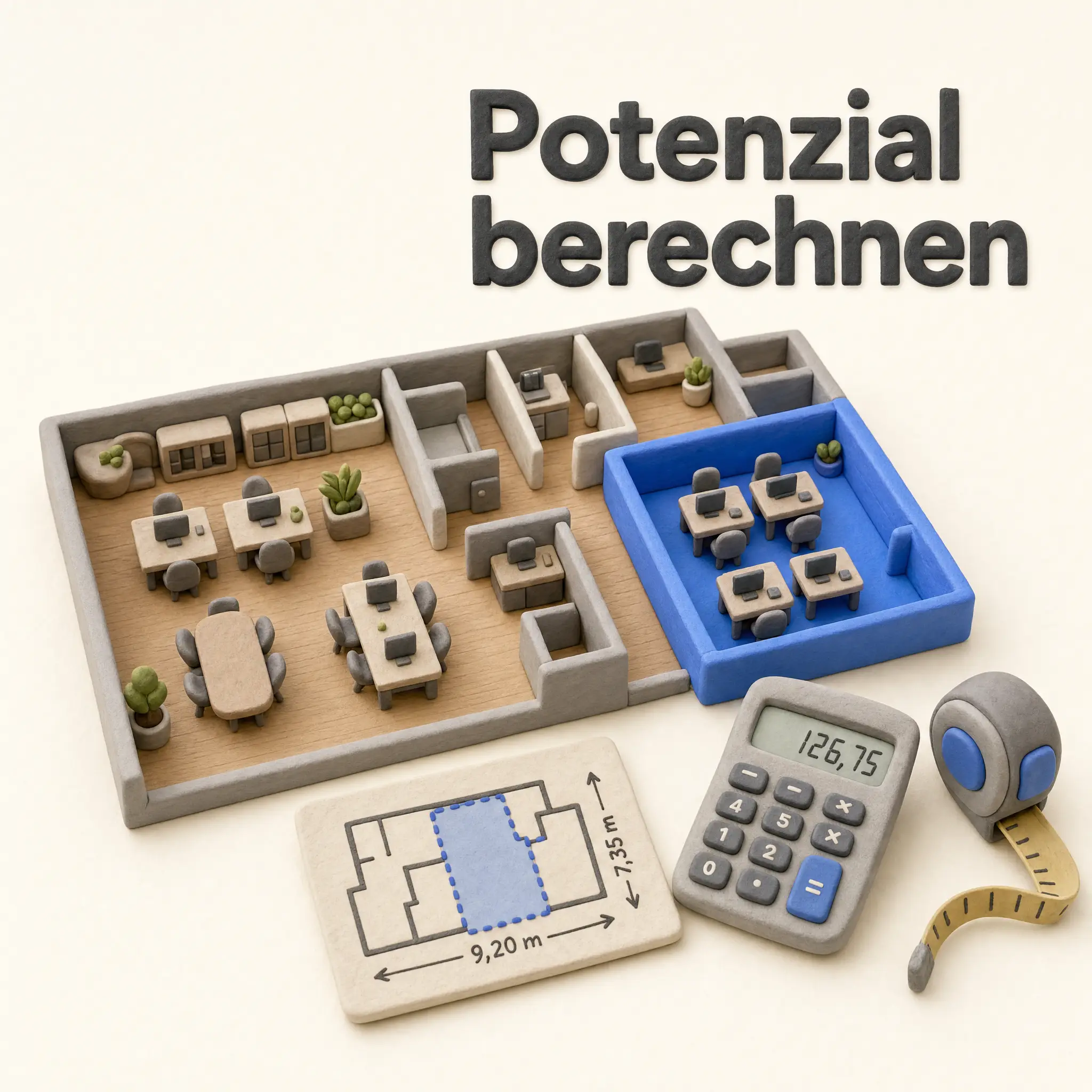 Freie Bürofläche bewerten, 3D-Clay-Diorama: Büroetage mit blau markierter abtrennbarer Zone, Taschenrechner, Maßband und Grundriss mit Maßen