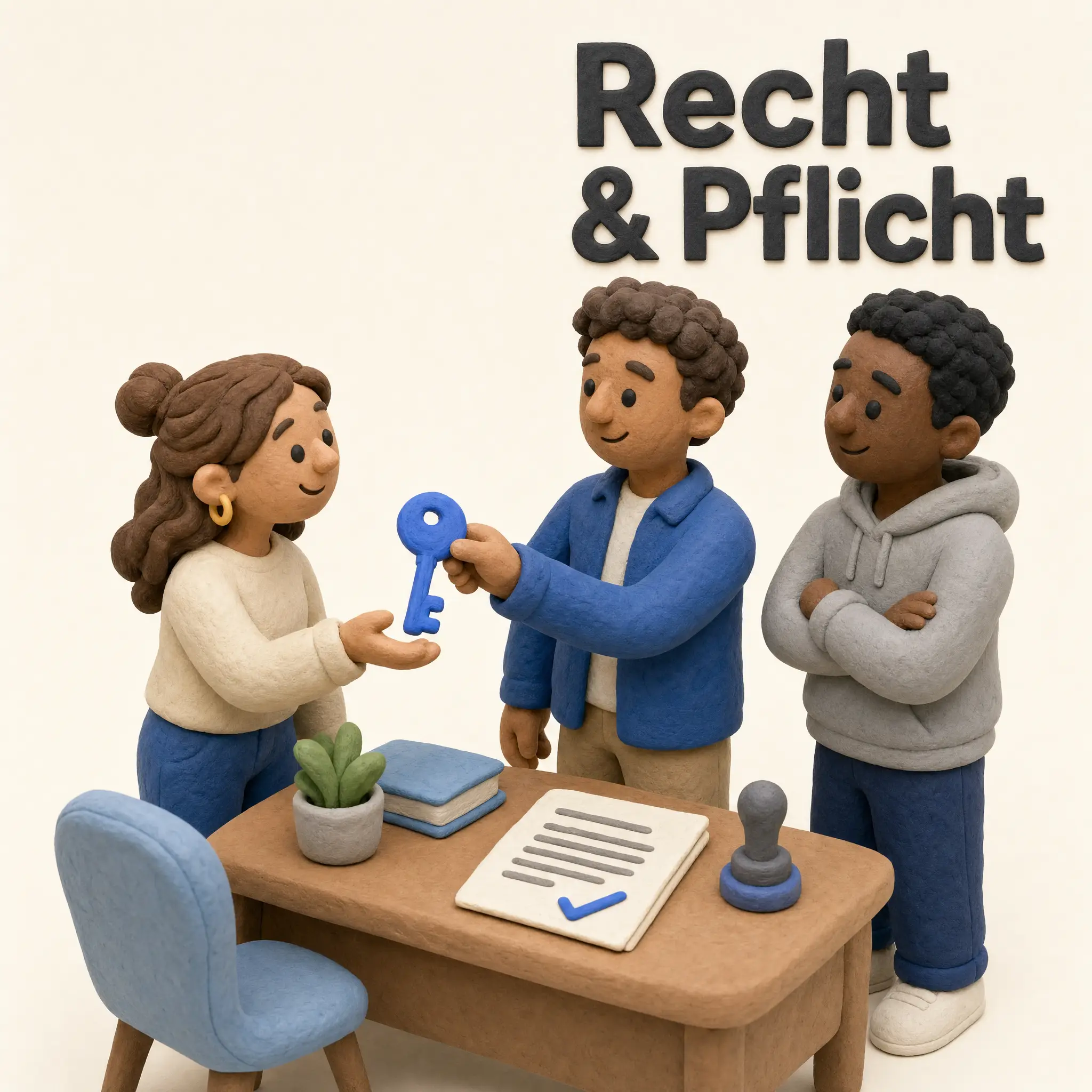 Untervermietung im Büro: 3D-Clay-Diorama mit Schlüsselübergabe, Vertrag mit Haken und Stempel, drei diverse Figuren
