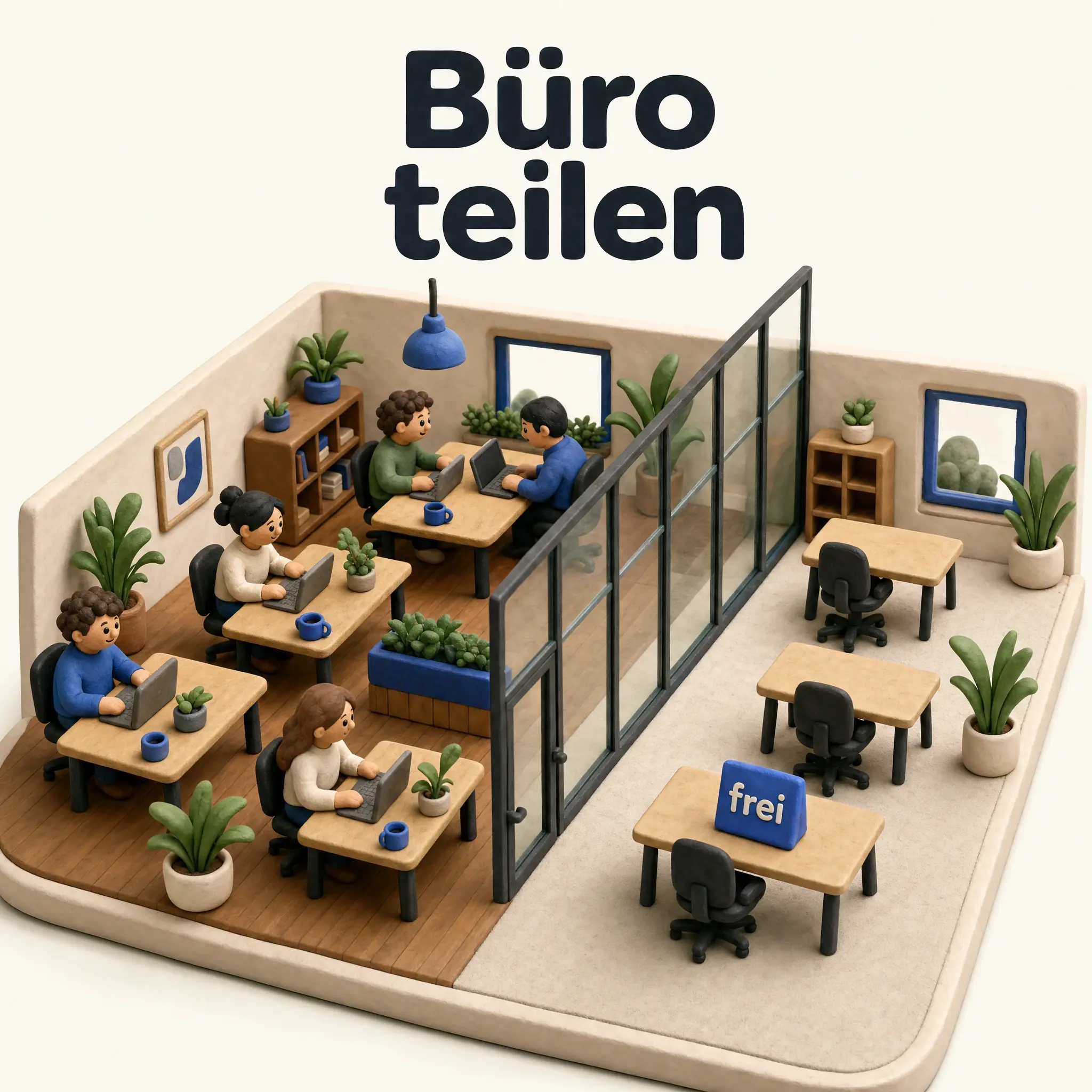 Freie Büro-Teilfläche vermieten, 3D-Clay-Diorama: belegte Team-Zone und leere Desk-Zone mit blauem Frei-Schild, getrennt durch eine Glaswand