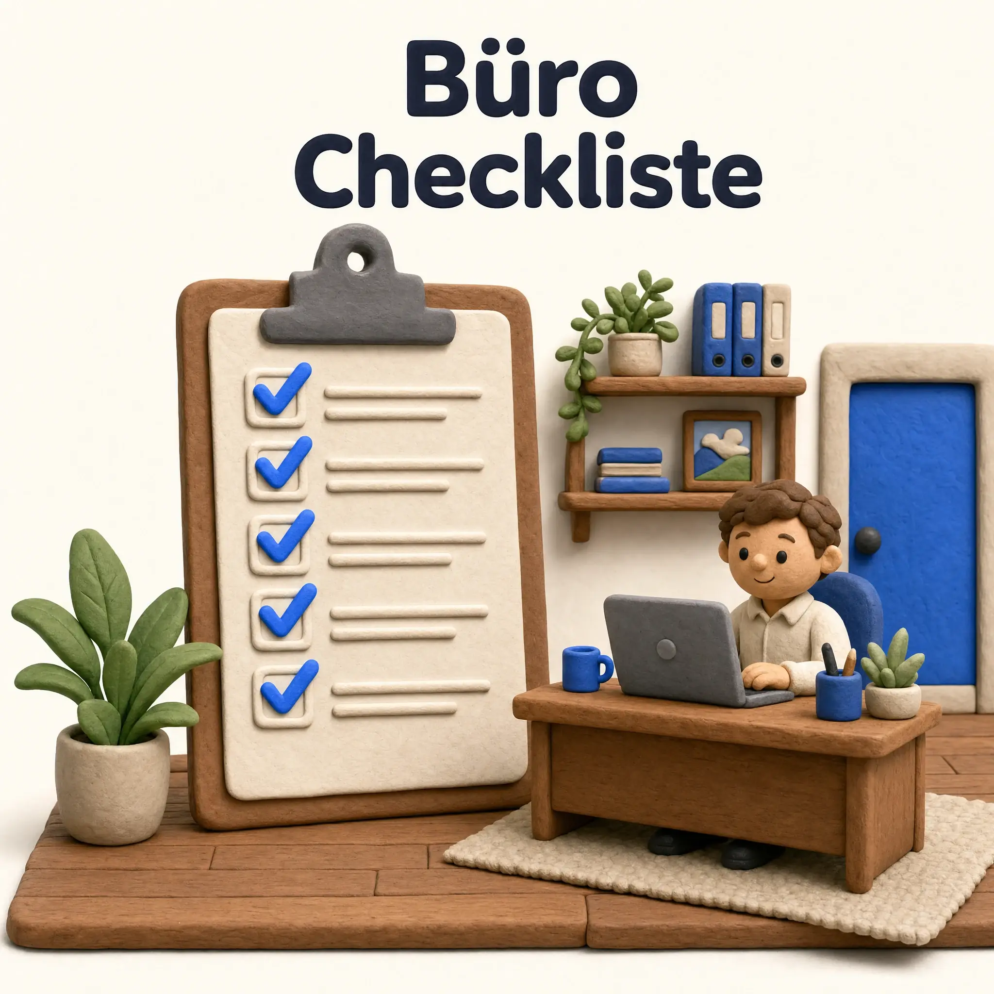 Checkliste für gewerbliche Untermiete, 3D-Clay-Diorama: Klemmbrett mit blauen Häkchen neben Schreibtisch, Regal und blauer Tür