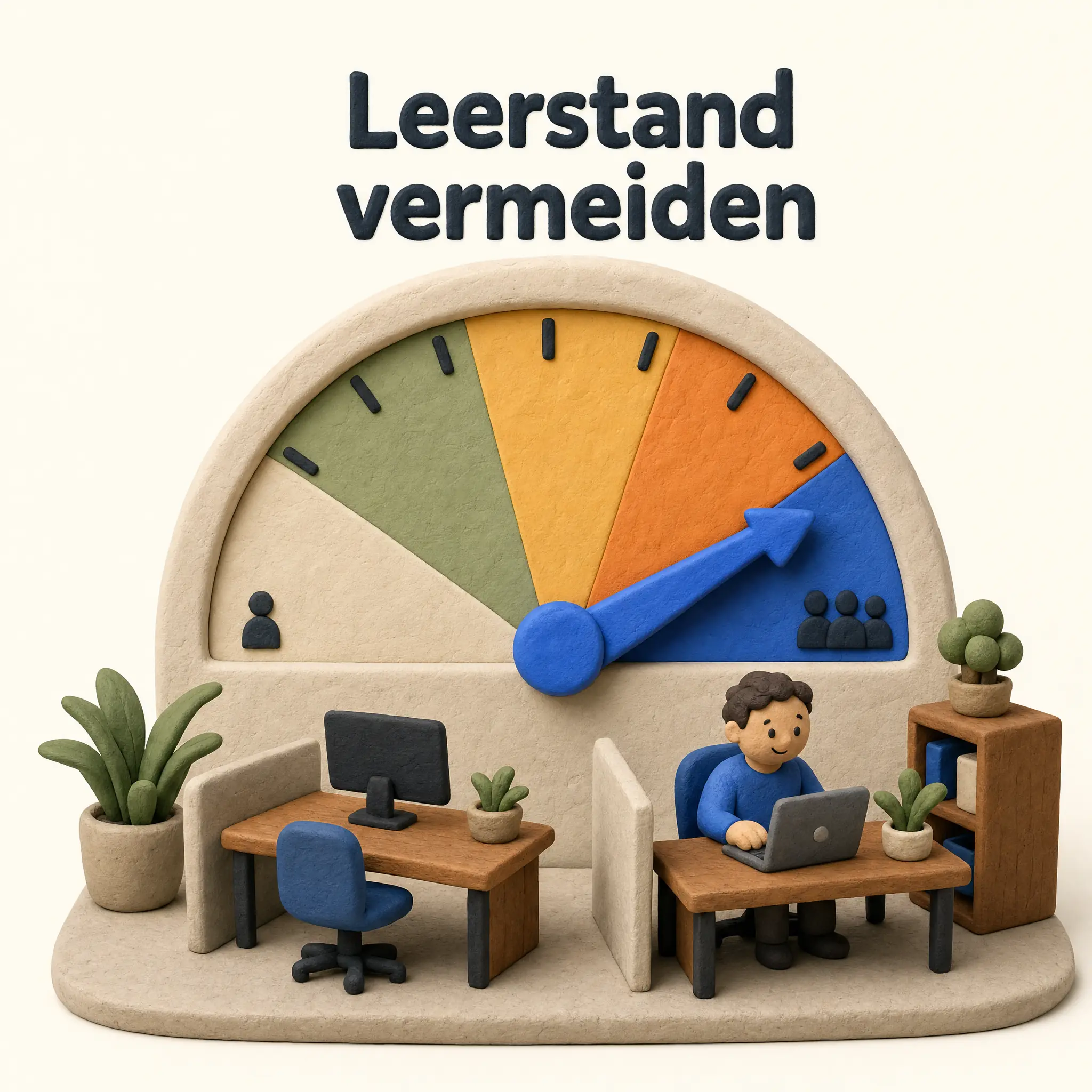 Büro-Leerstand vermeiden, 3D-Clay-Diorama: Auslastungs-Tacho mit Zeiger auf der vollen Seite und ein Büroplatz mit arbeitender Figur