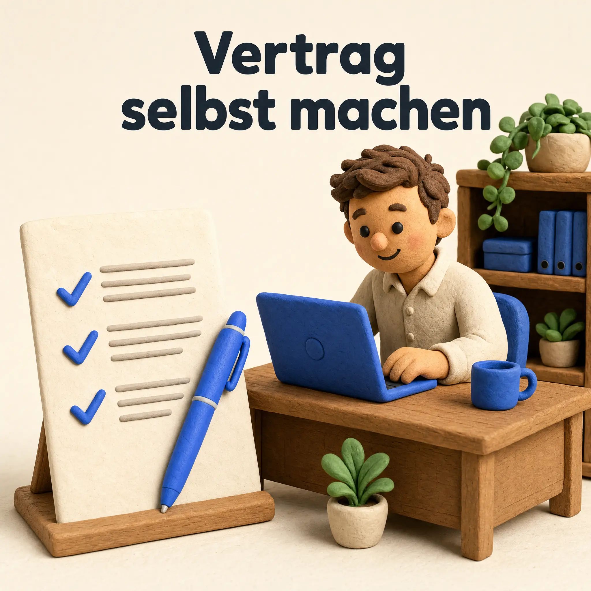 Untermietvertrag Büro selbst machen, 3D-Clay-Diorama: freundliche Clay-Figur am Laptop, Vertragsblatt mit blauen Häkchen und blauem Stift