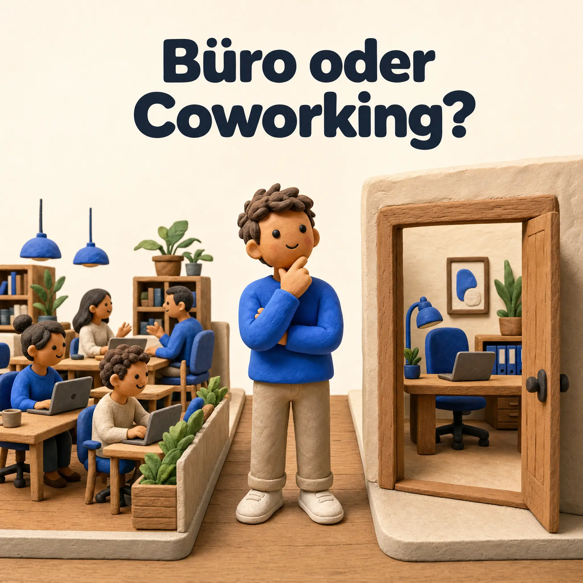Büro-Untermiete oder Coworking, 3D-Clay-Diorama: freundliche Figur zwischen Coworking-Bereich und eigenem, abgeschlossenem Büro