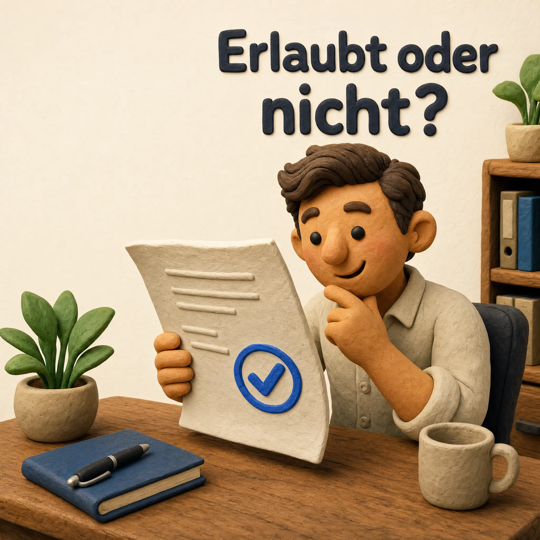 Knetfigur am Schreibtisch prüft nachdenklich einen Untermietvertrag mit blauem Häkchen