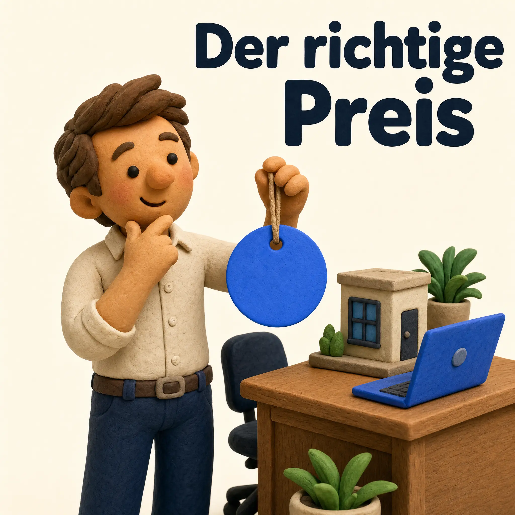 Knetfigur mit blauem Preisschild neben Büromodell und Laptop, Headline Der richtige Preis