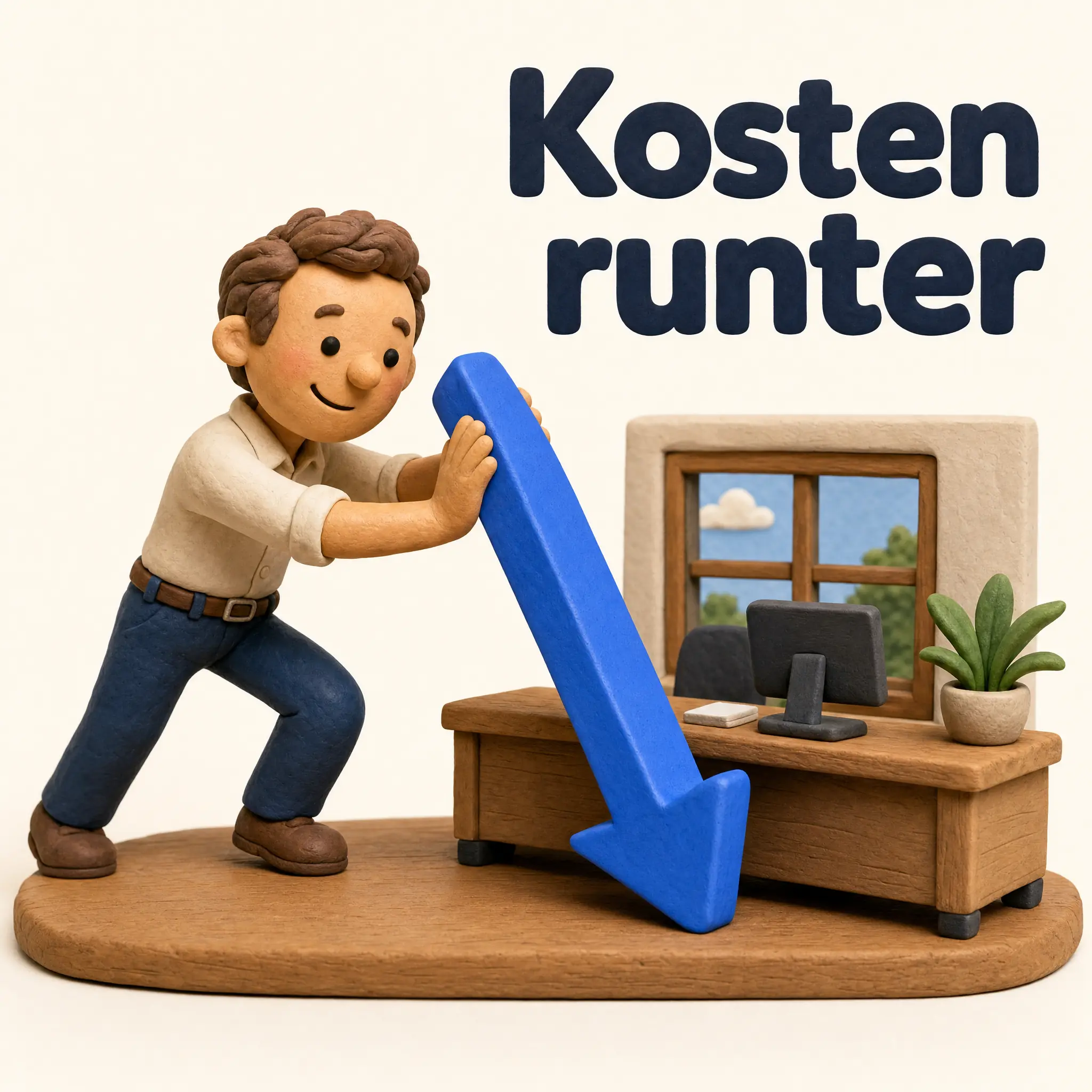 Knetfigur mit großem blauem Abwärtspfeil neben Büroschreibtisch, Headline Kosten runter