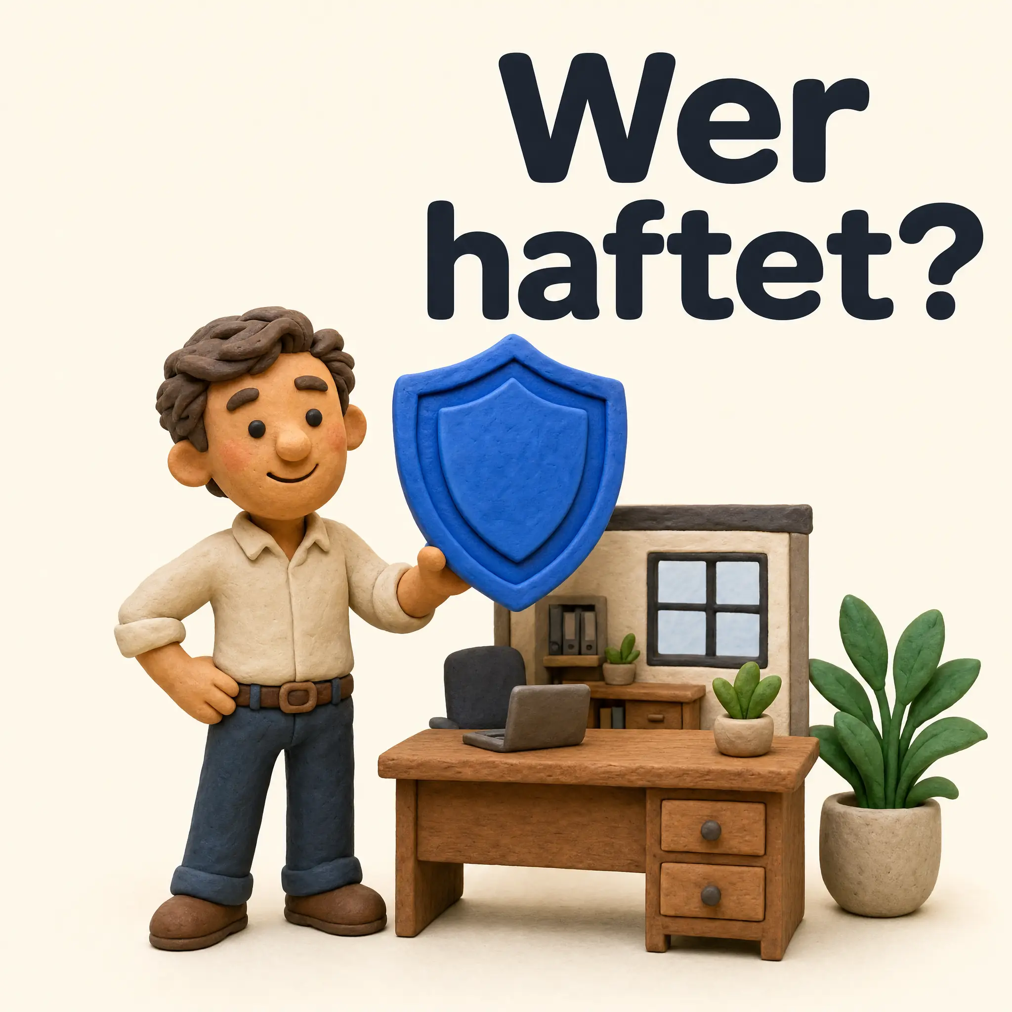 Knetfigur mit großem blauem Schutzschild neben Büroschreibtisch, Headline Wer haftet?
