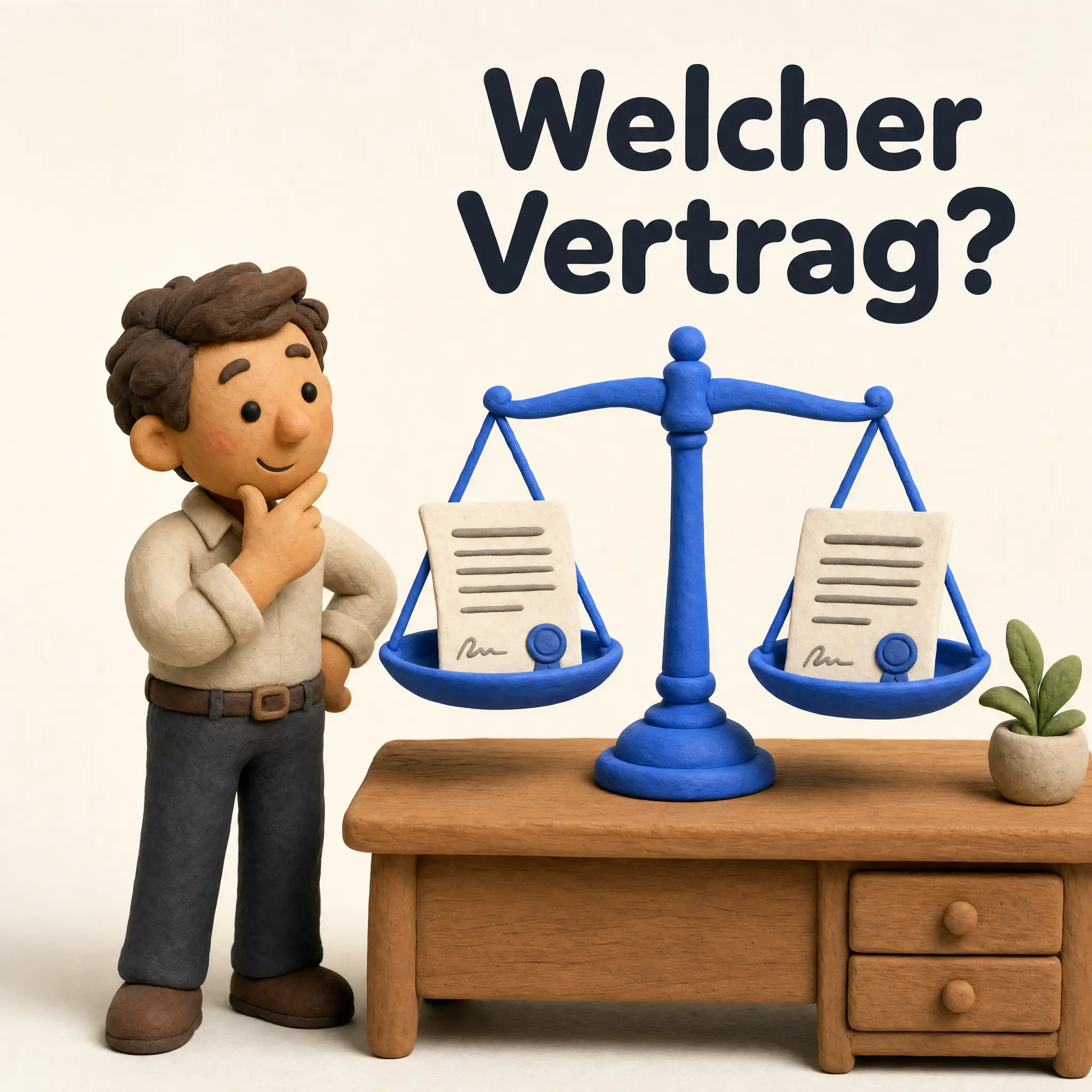 Knetfigur vergleicht zwei Verträge auf blauer Waage, Headline Welcher Vertrag?