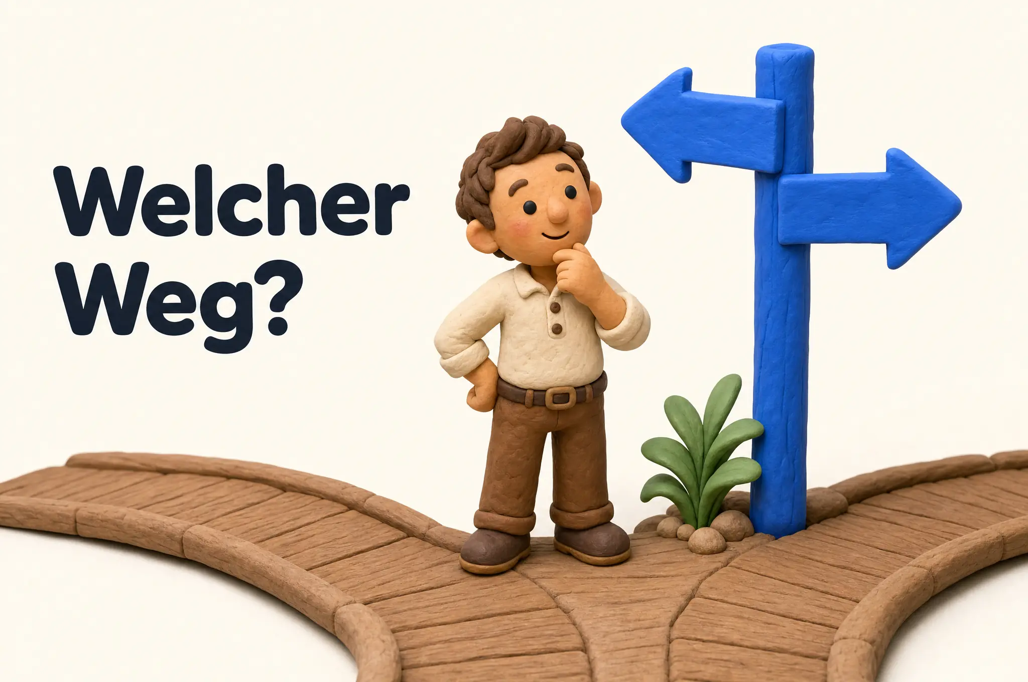 Nachdenkliche Knetfigur an einer Weggabelung mit blauem Wegweiser-Schild