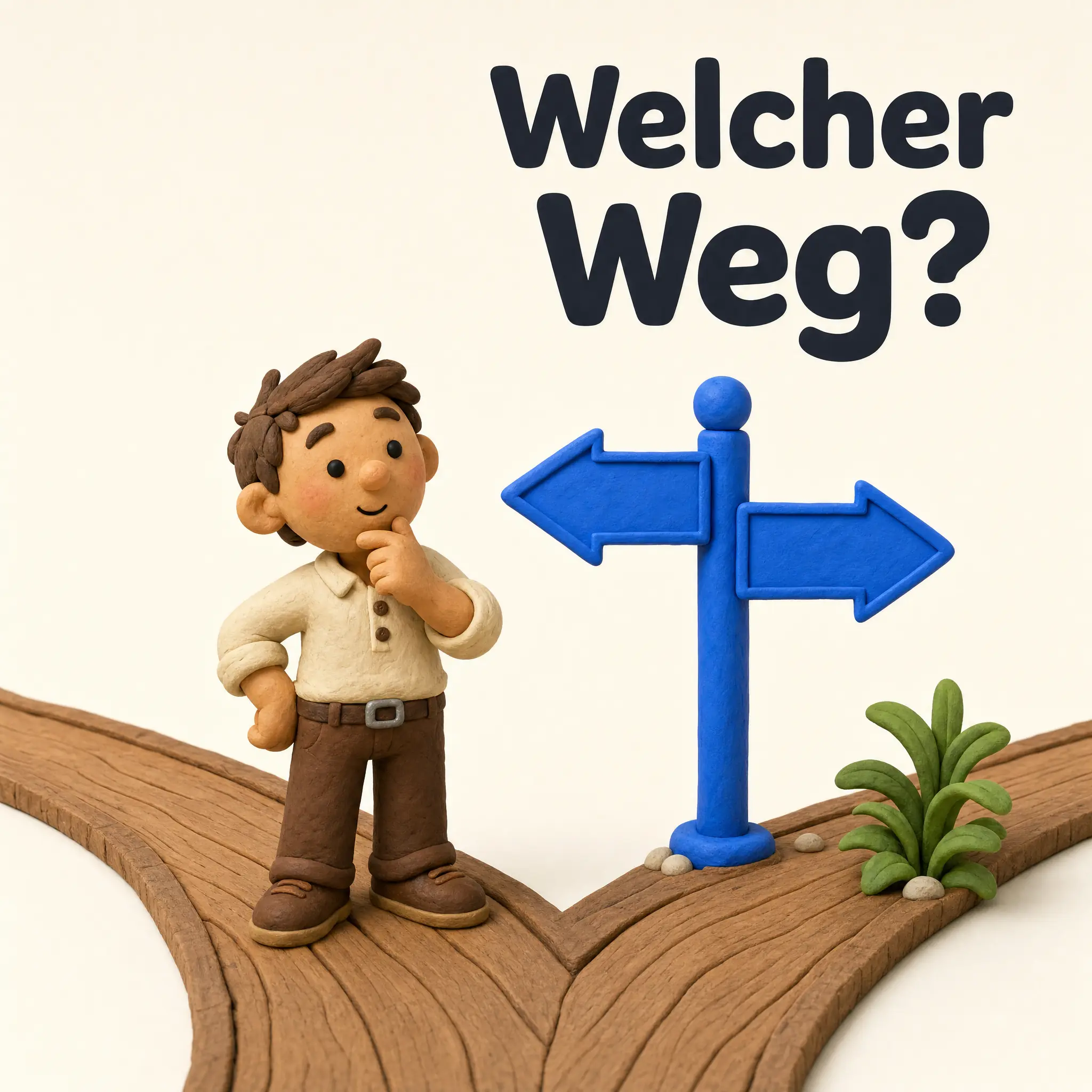 Knetfigur entscheidet an einer Weggabelung mit blauem Wegweiser, Headline Welcher Weg?