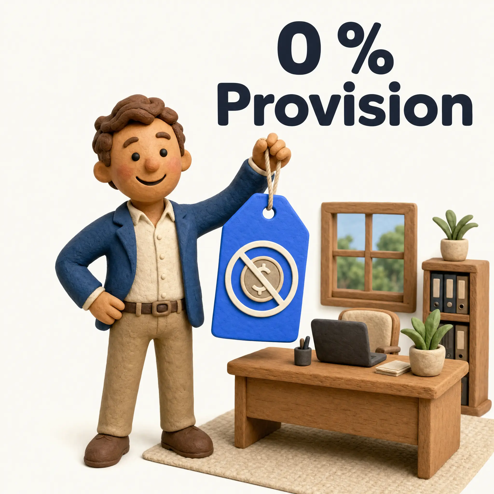 Quadratisch: Clay-Figur mit Knopfaugen präsentiert ein blaues Schild mit durchgestrichenem Münzsymbol neben einem Mini-Büro, Headline 0 % Provision.