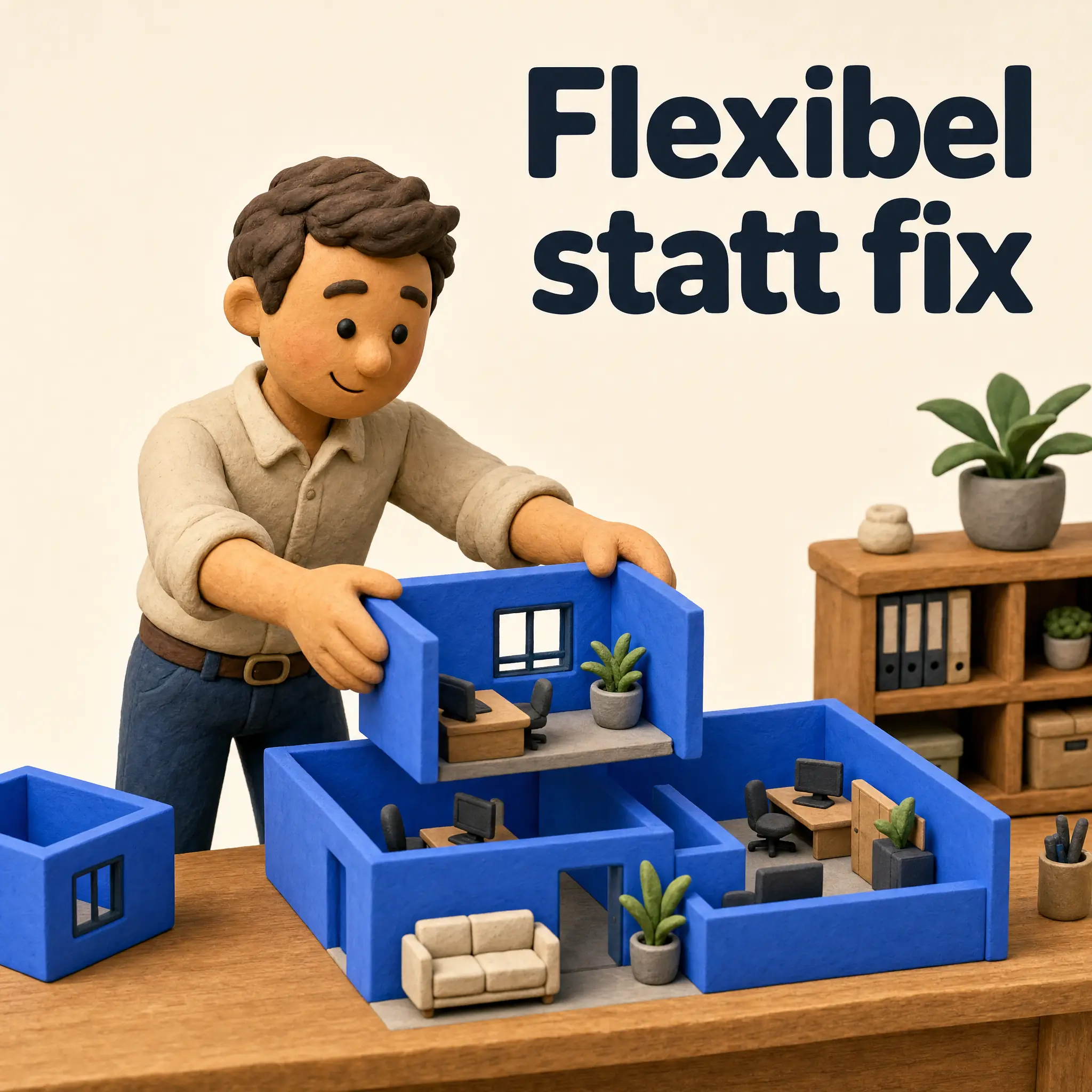 Quadratisch: Clay-Figur mit Knopfaugen ordnet blaue modulare Büroflächen neu an, Headline Flexibel statt fix.