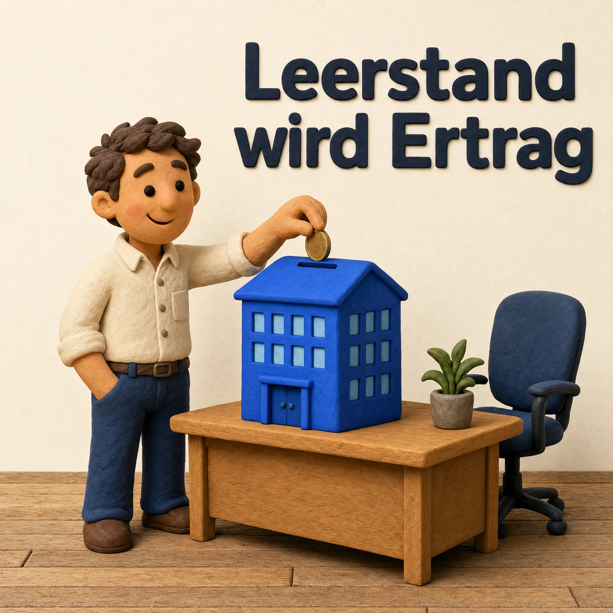 Quadratisch: Clay-Figur mit Knopfaugen füllt ein blaues Sparschwein in Büroform, leerer Stuhl daneben, Headline Leerstand wird Ertrag.