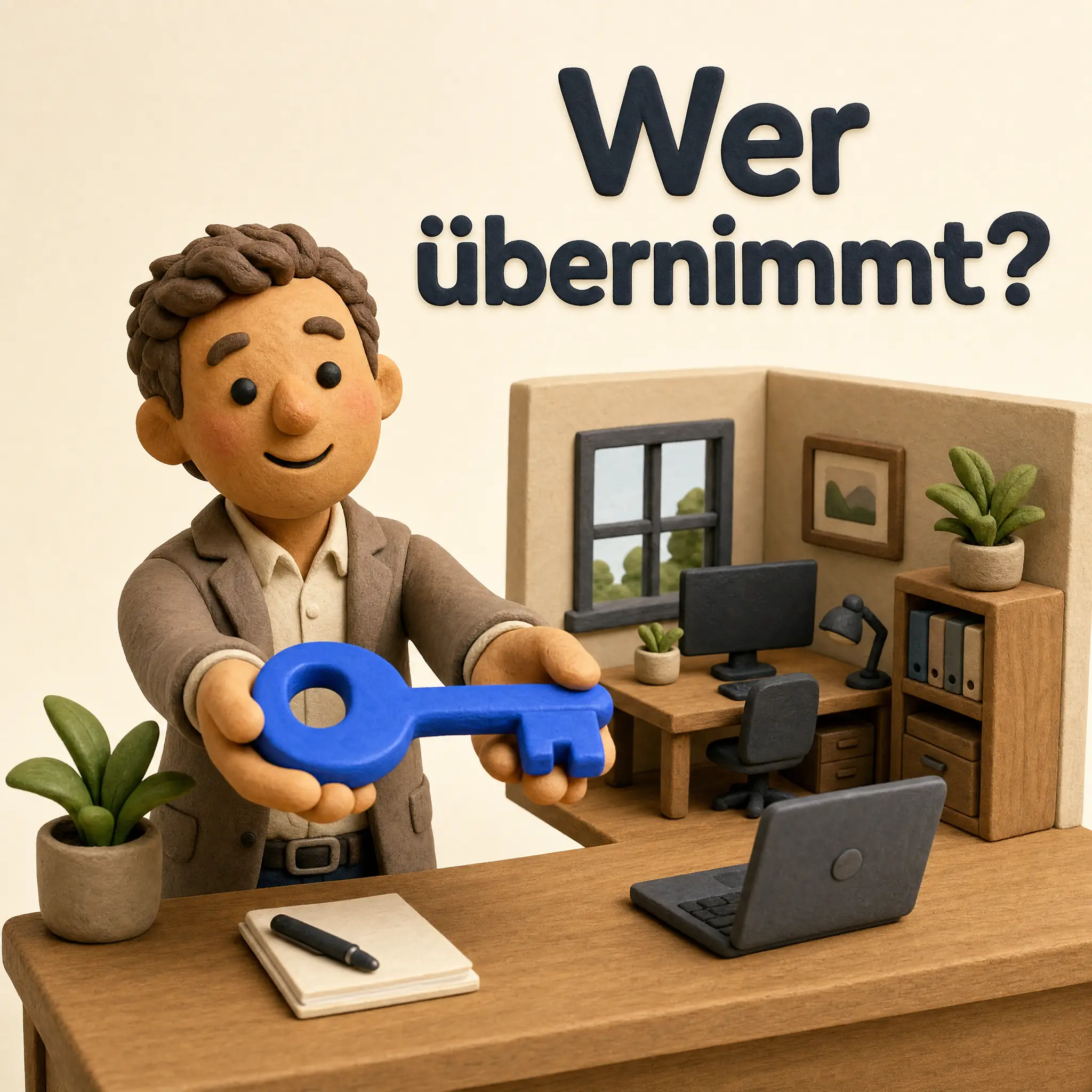 Quadratisch: Clay-Figur mit Knopfaugen übergibt einen blauen Schlüssel vor einem Mini-Büro, Headline Wer übernimmt?