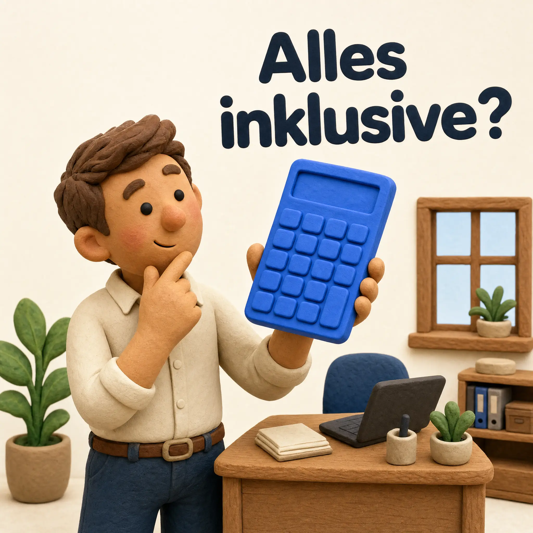 Quadratisch: Clay-Figur mit Knopfaugen rechnet mit blauem Taschenrechner die Bürokosten durch, Headline Alles inklusive?