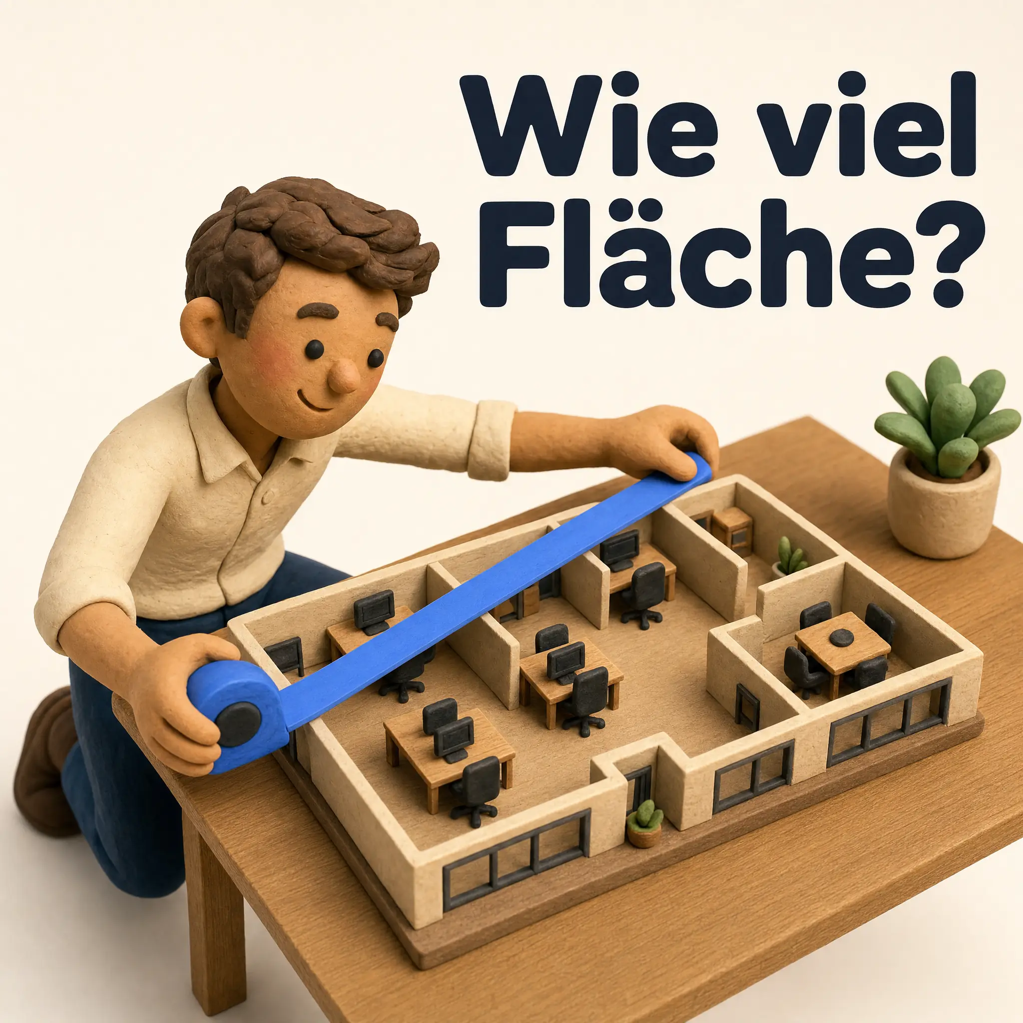 Quadratisch: Clay-Figur mit Knopfaugen misst mit blauem Maßband die Fläche eines Büromodells, Headline Wie viel Fläche?