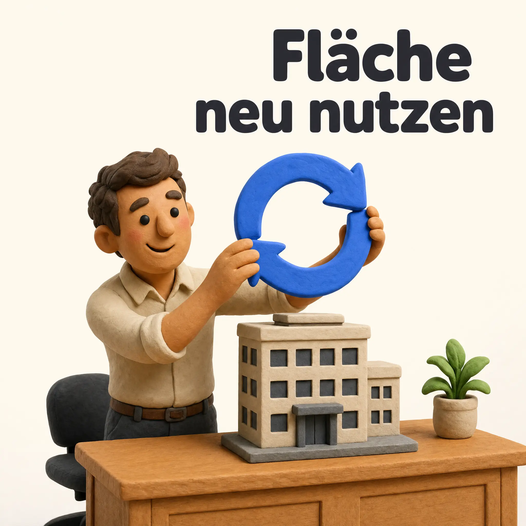 Quadratisch: Clay-Figur mit Knopfaugen setzt einen blauen Kreislaufpfeil über ein Mini-Bürogebäude, Headline Fläche neu nutzen.