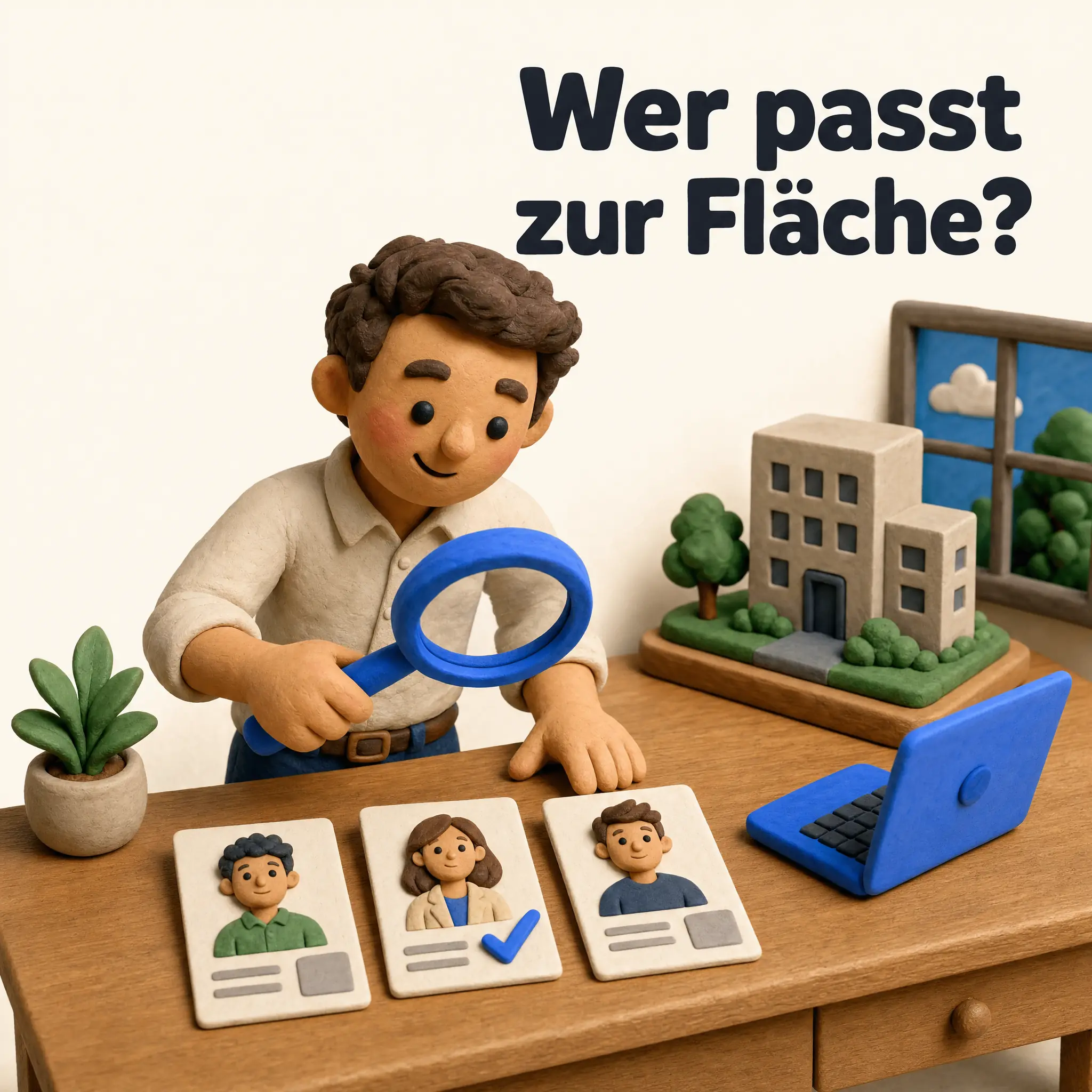 Quadratisch: Clay-Figur mit Knopfaugen wählt mit blauer Lupe zwischen drei Kandidatenkarten, Headline Wer passt zur Fläche?