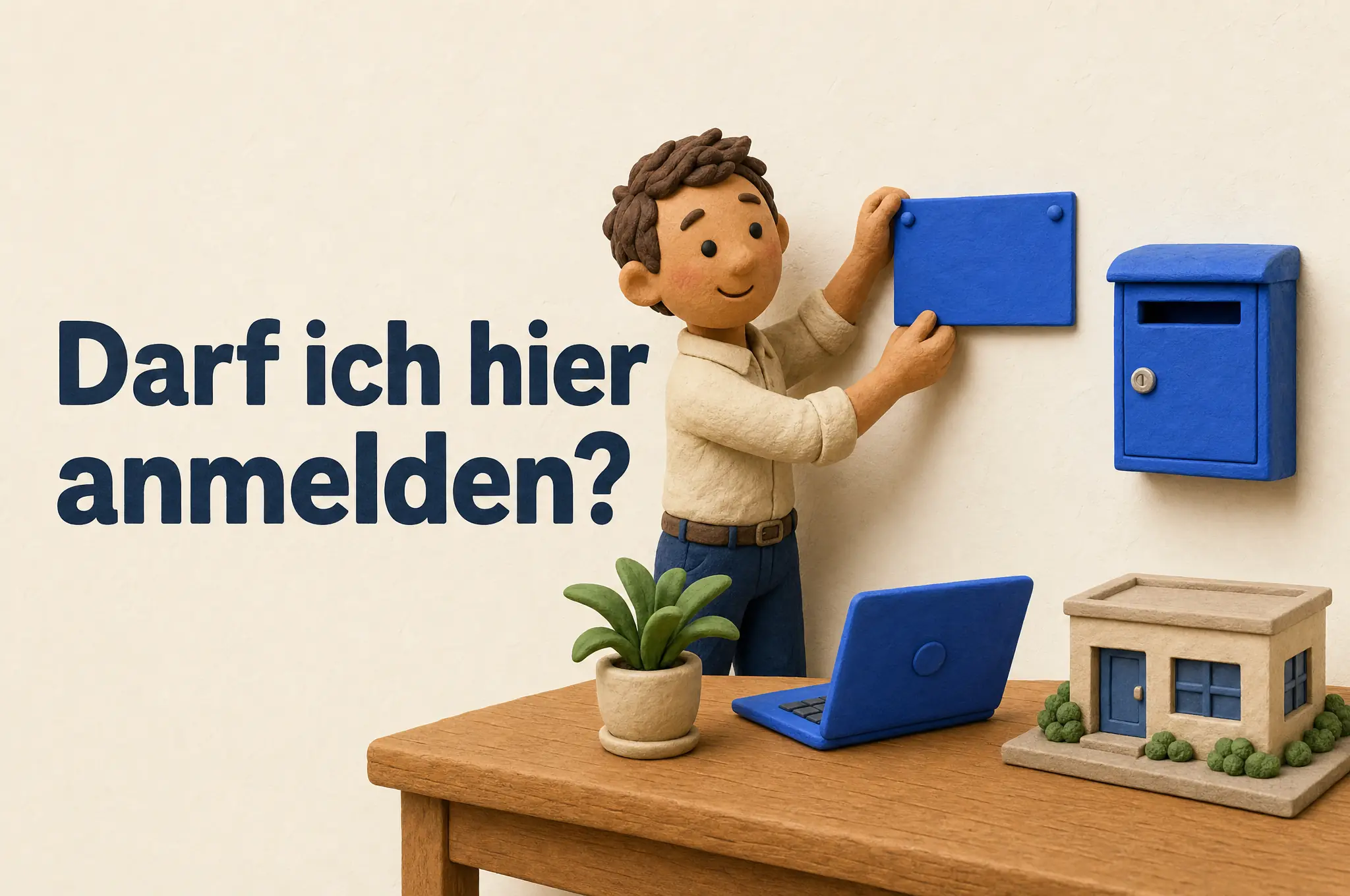 Clay-Figur mit Knopfaugen hält ein blaues Namensschild an die Wand neben einen blauen Briefkasten, Headline Darf ich hier anmelden?