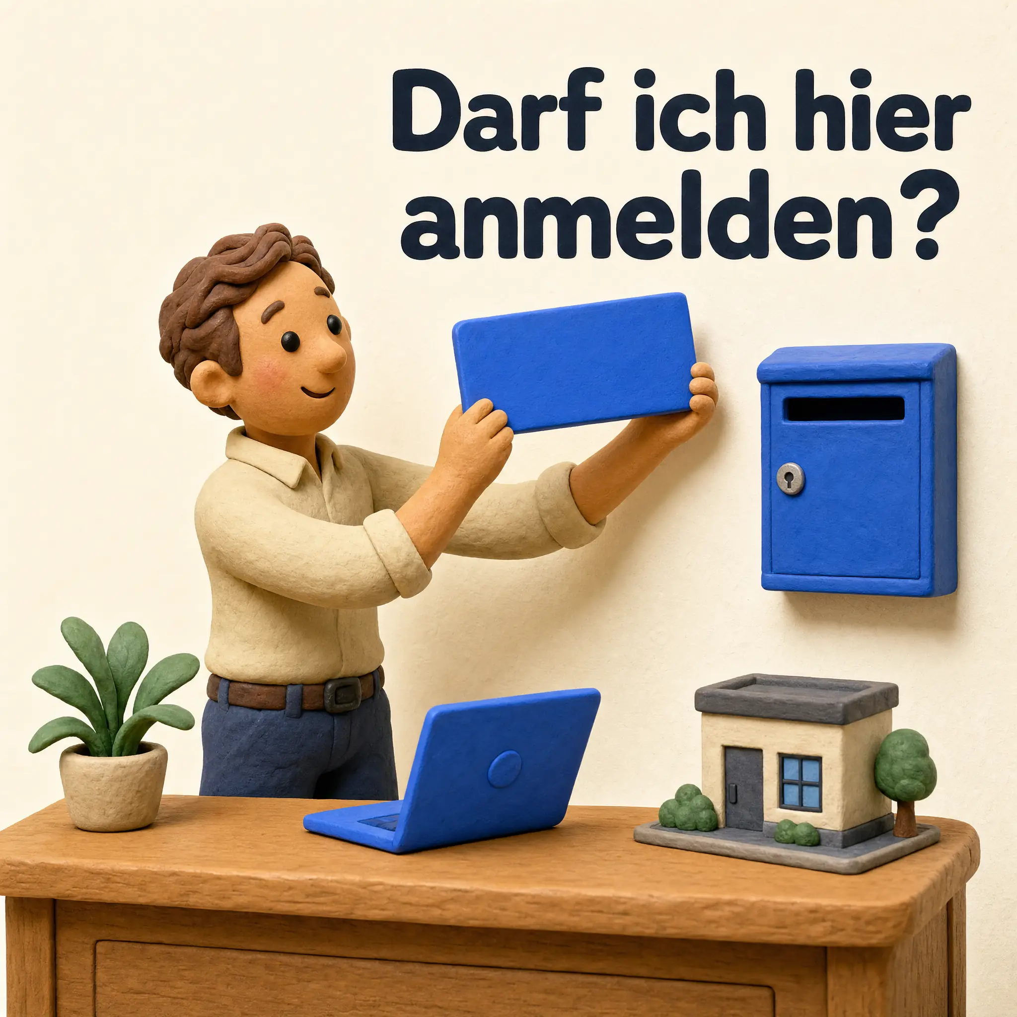 Quadratisch: Clay-Figur mit Knopfaugen hält ein blaues Firmenschild neben einen blauen Briefkasten, Headline Darf ich hier anmelden?