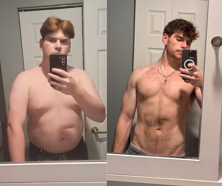Transformation physique avant-après de Maxime Bureau, coach en nutrition et fitness, montrant une perte de poids significative.