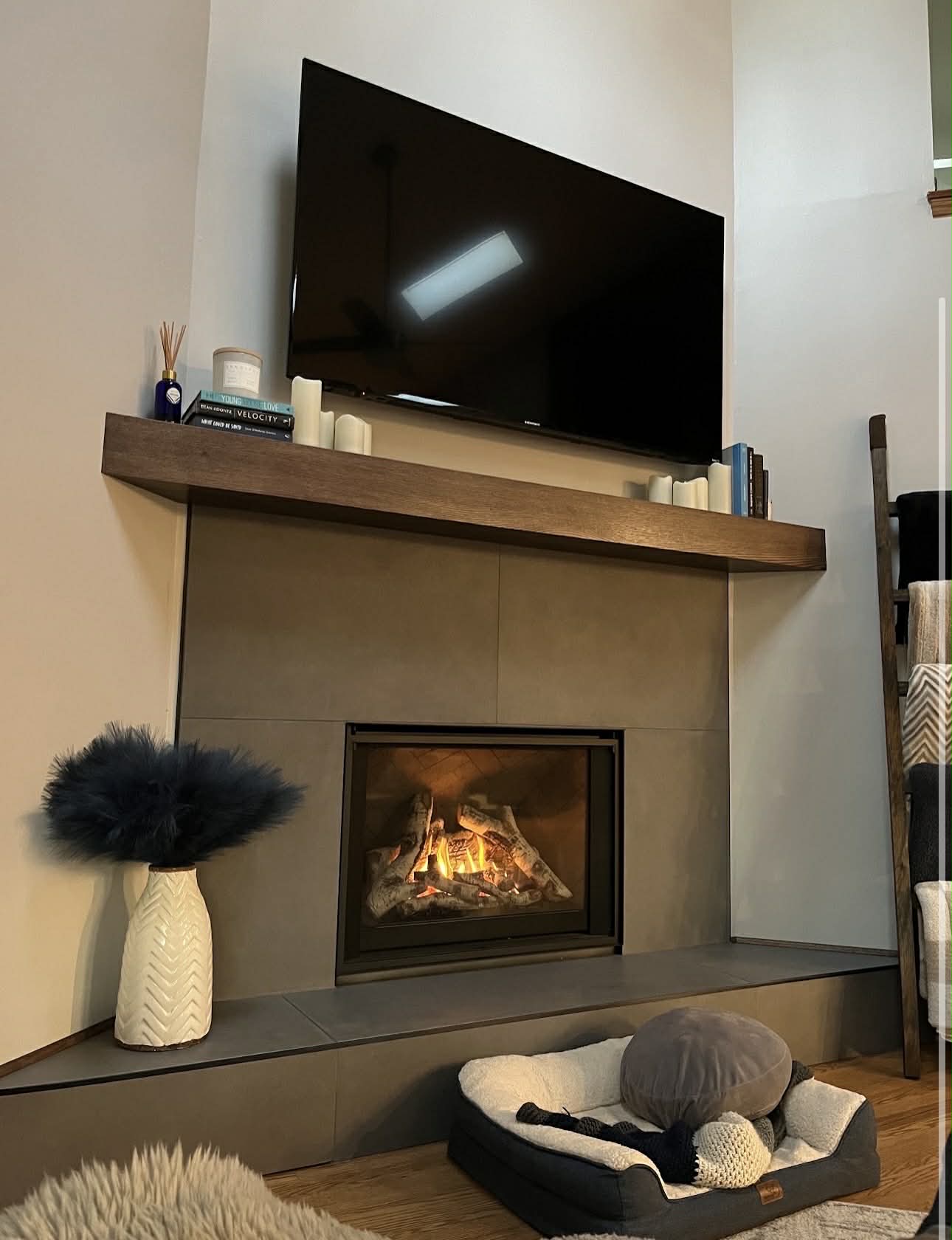 Image of a lit fireplace in a living room