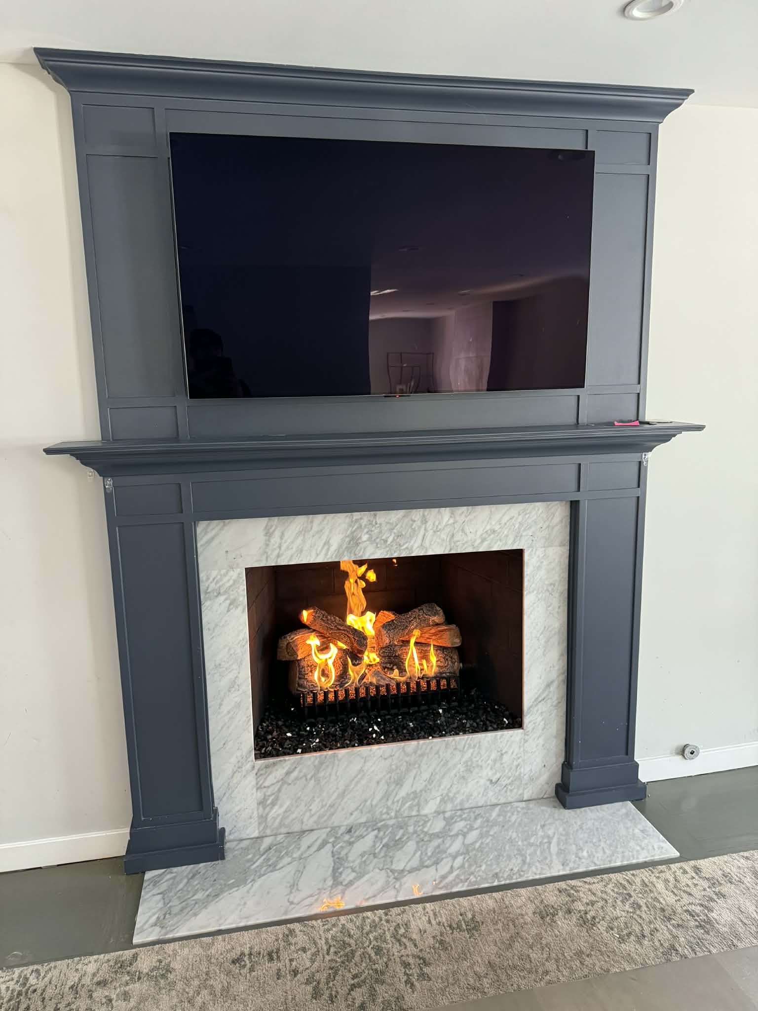 Close up of gas log fireplace