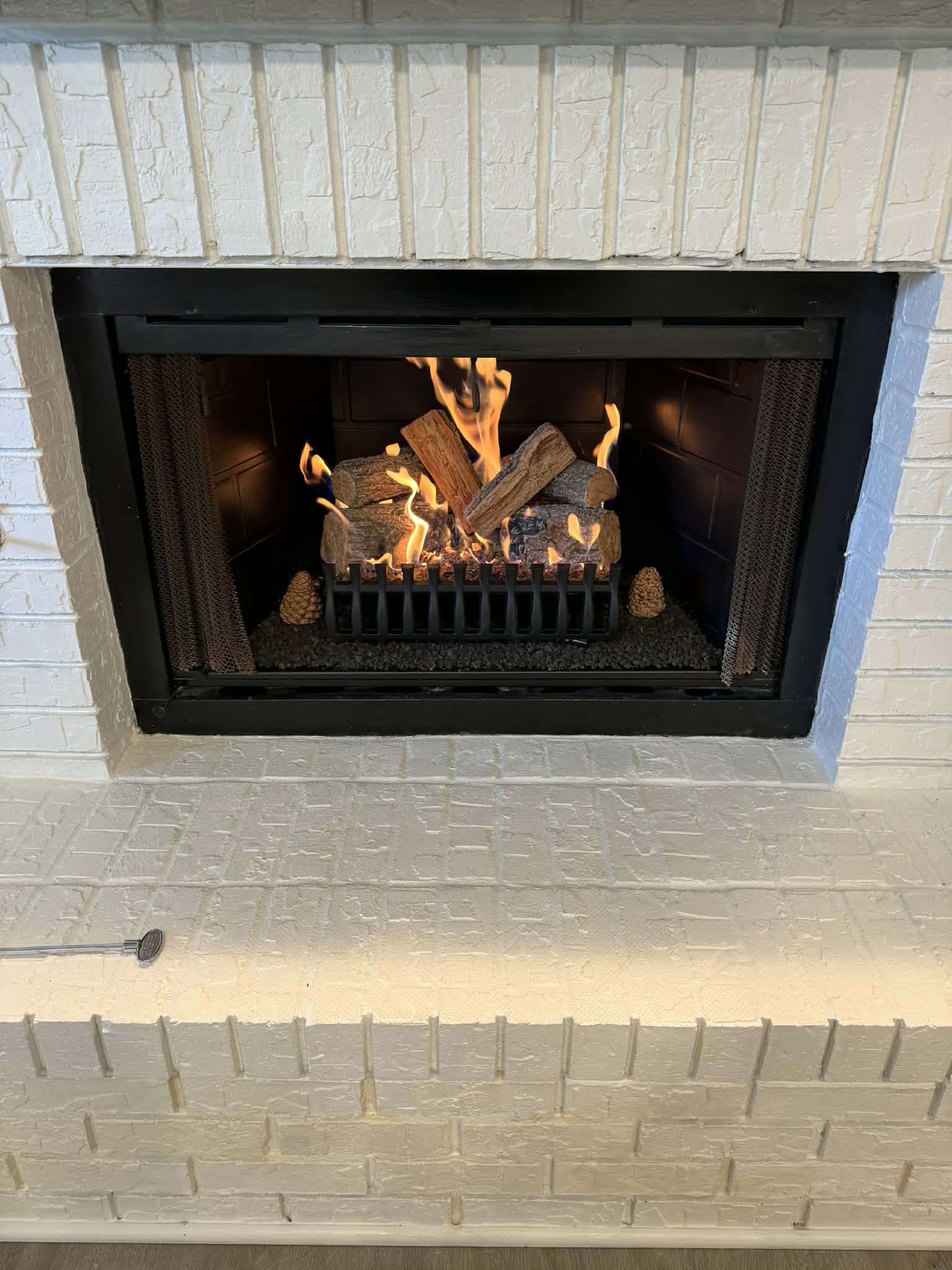 Close up of gas log fireplace