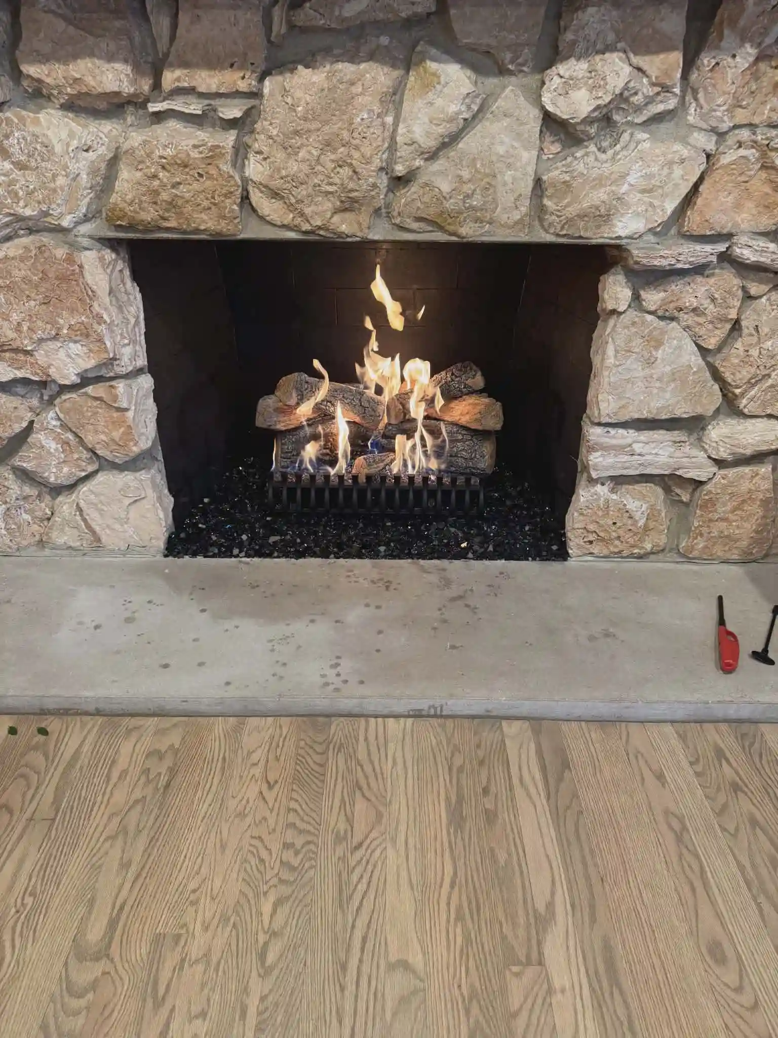 Close up of gas log fireplace