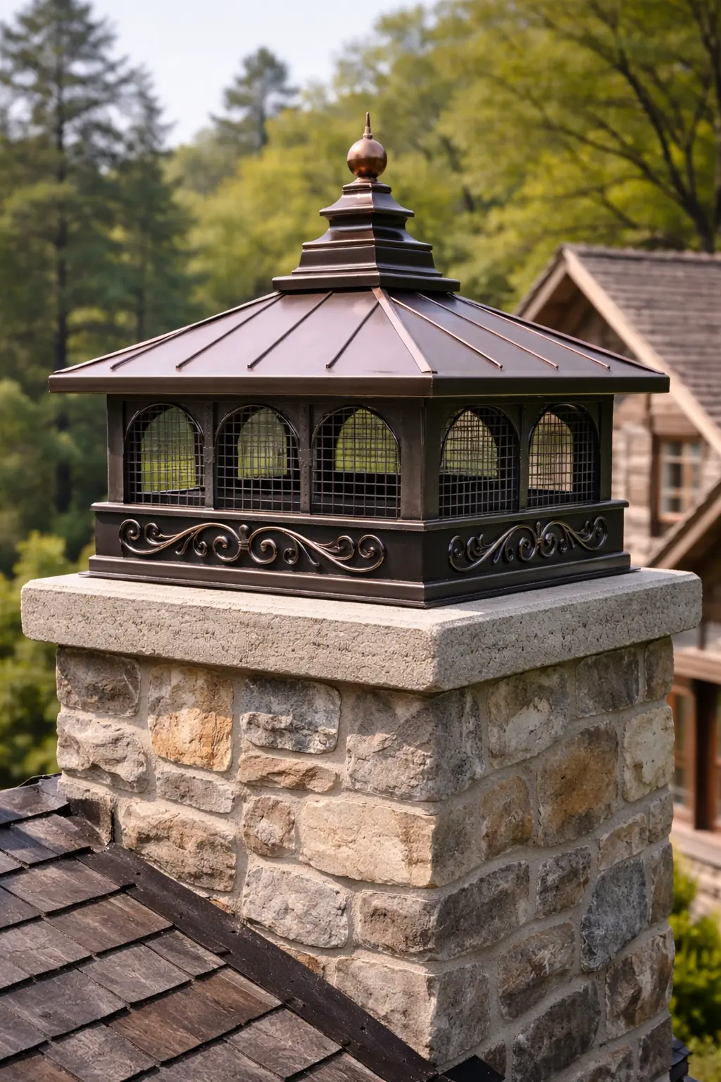 Decorative chimney cap on brick chimney