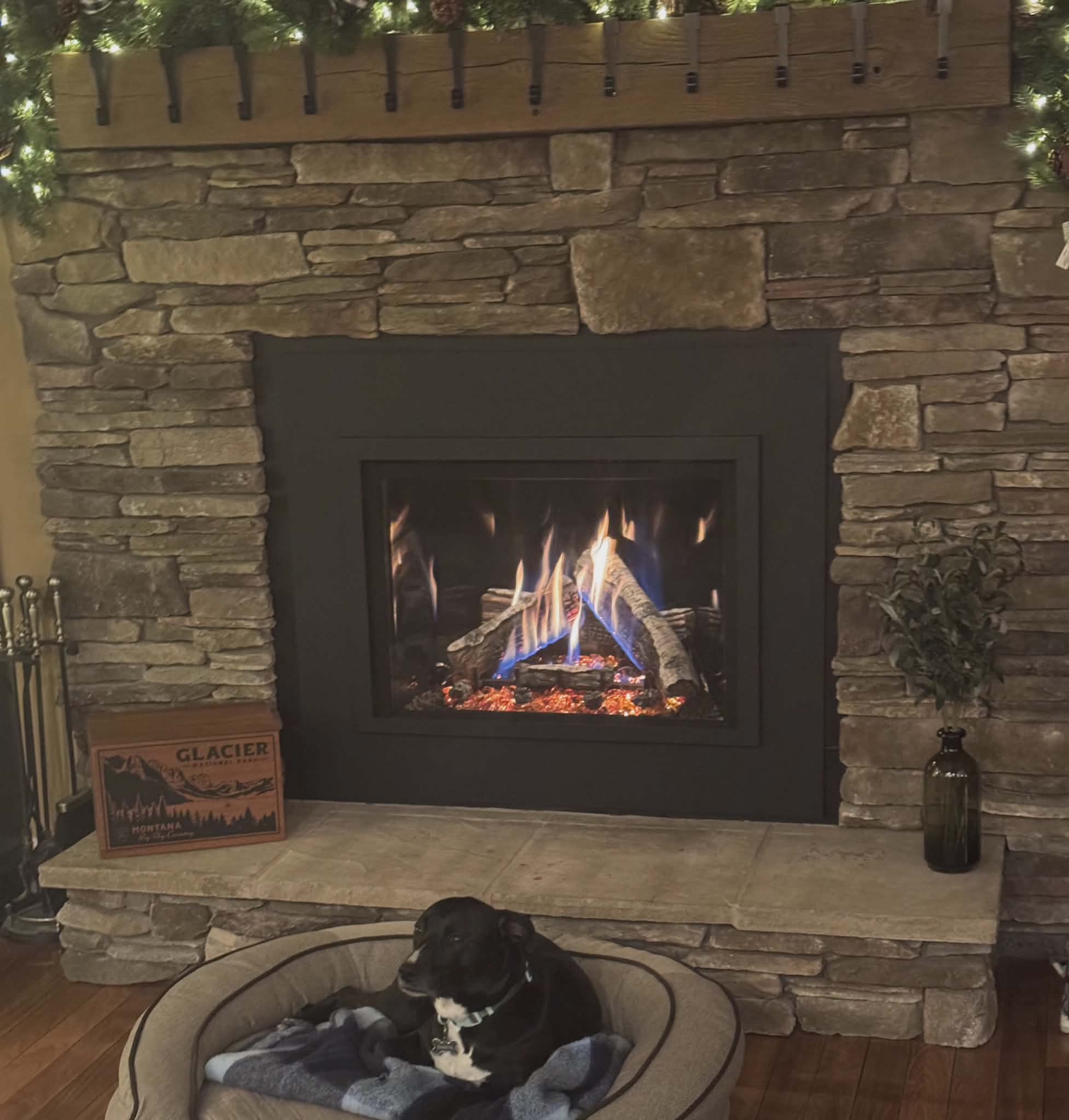 Close up of gas insert fireplace