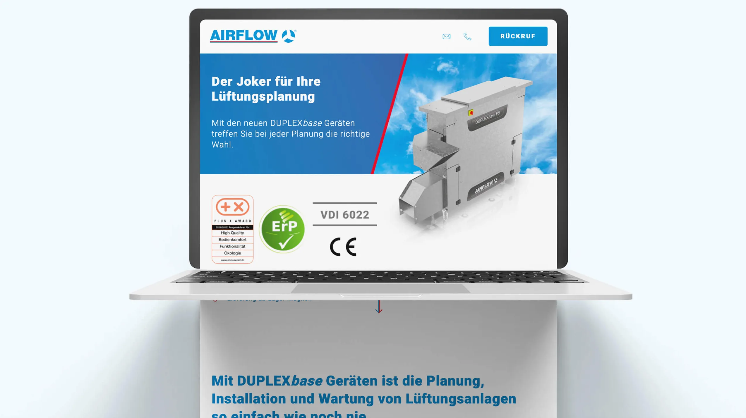 DUPLEXbase-Produktseite von Airflow auf einem Laptop