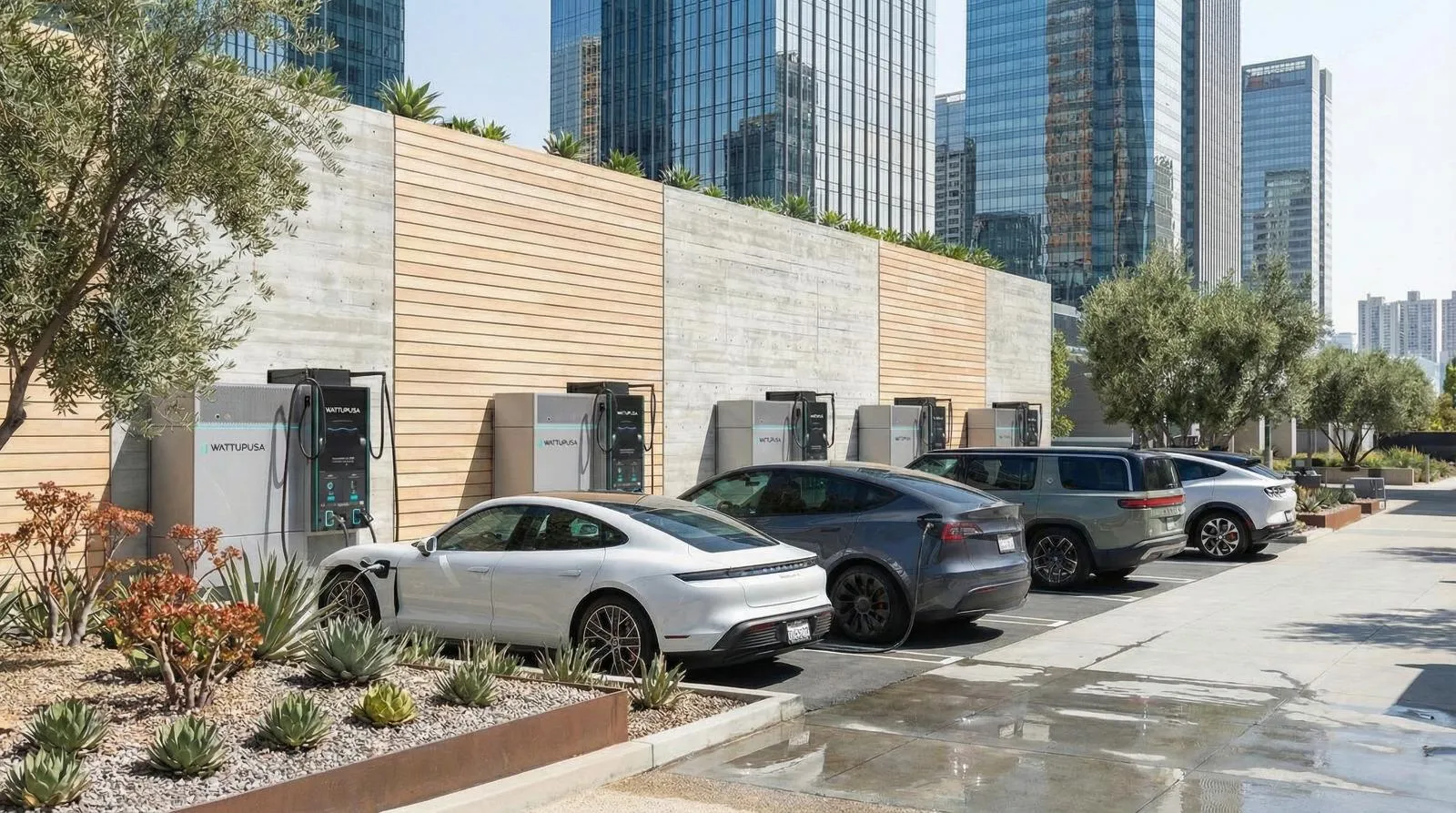 Four electric cars parked and charging at WattUp wireless charging stations in an outdoor urban area with modern buildings in the background.