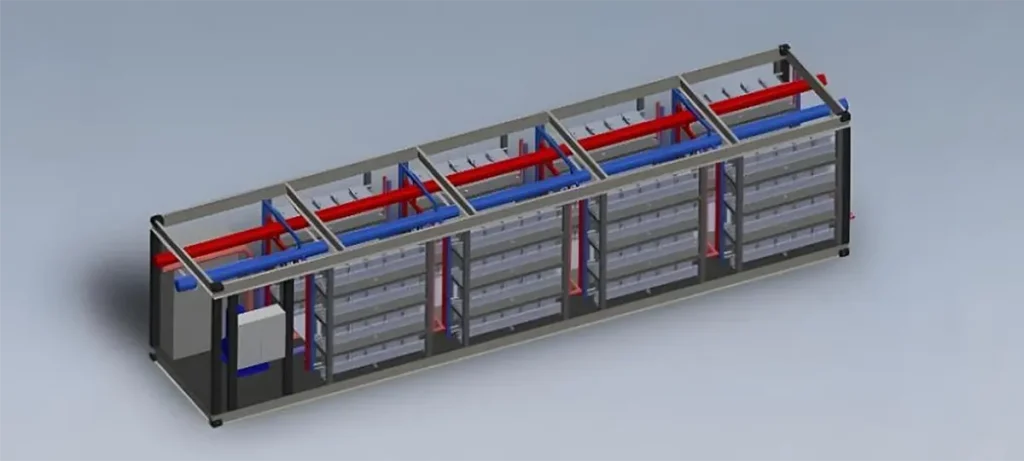 3D rendered model of a rectangular industrial equipment unit with multiple compartments, featuring red and blue piping on top and gray structural framework.