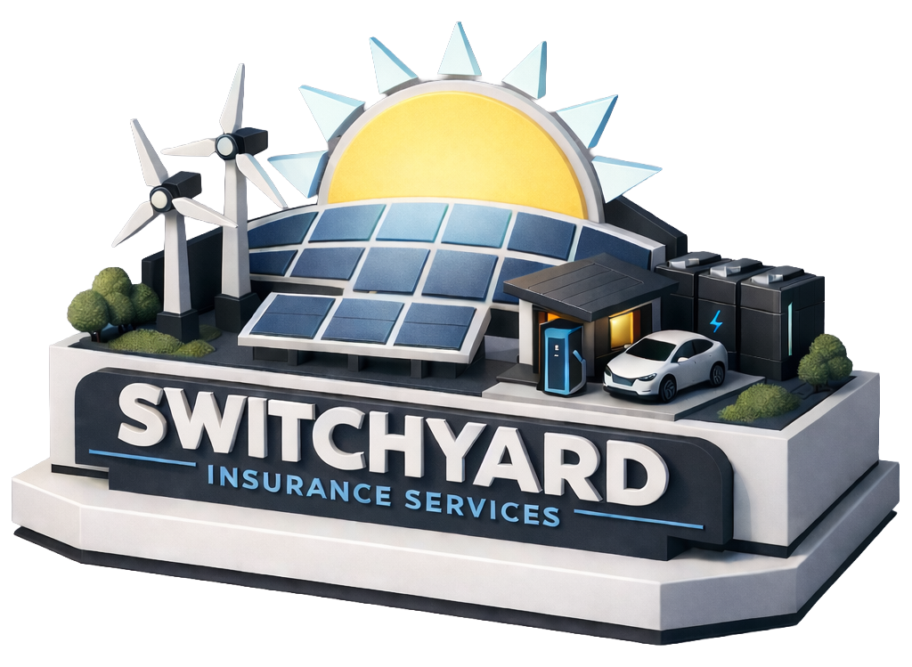 3D model of a green energy setup with wind turbines, solar panels, electric car charging station, and batteries with a sun backdrop, above the Switchyard Insurance Services sign.
