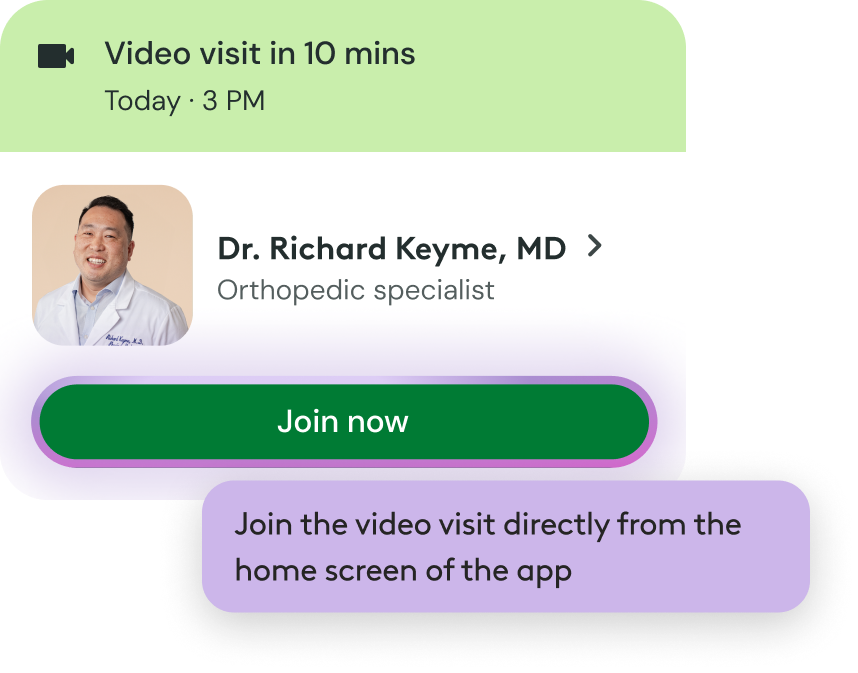 Notification for a video visit with Dr. Richard Keyme, MD, orthopedic specialist, at 3 PM today with a Join now button.
