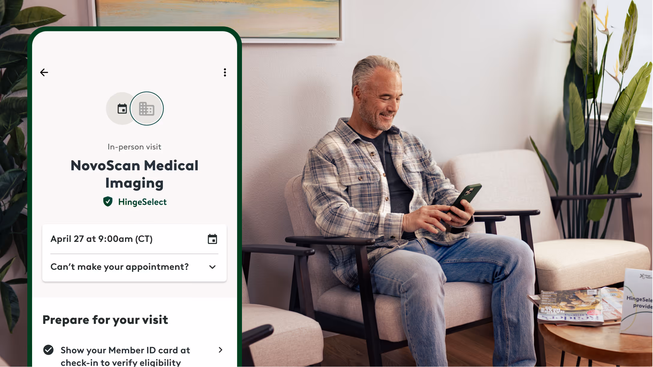 Man sitting on a beige chair in a waiting room, looking at his phone and smiling, with a digital member ID card for Hinge Health displayed on the left side of the image.