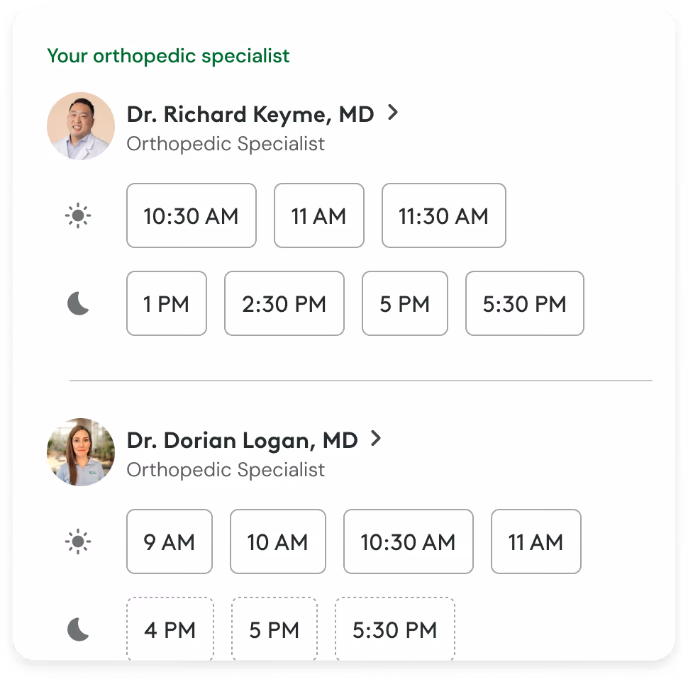 Appointment schedule for orthopedic specialists Dr. Richard Keyme and Dr. Dorian Logan showing available morning and afternoon time slots.